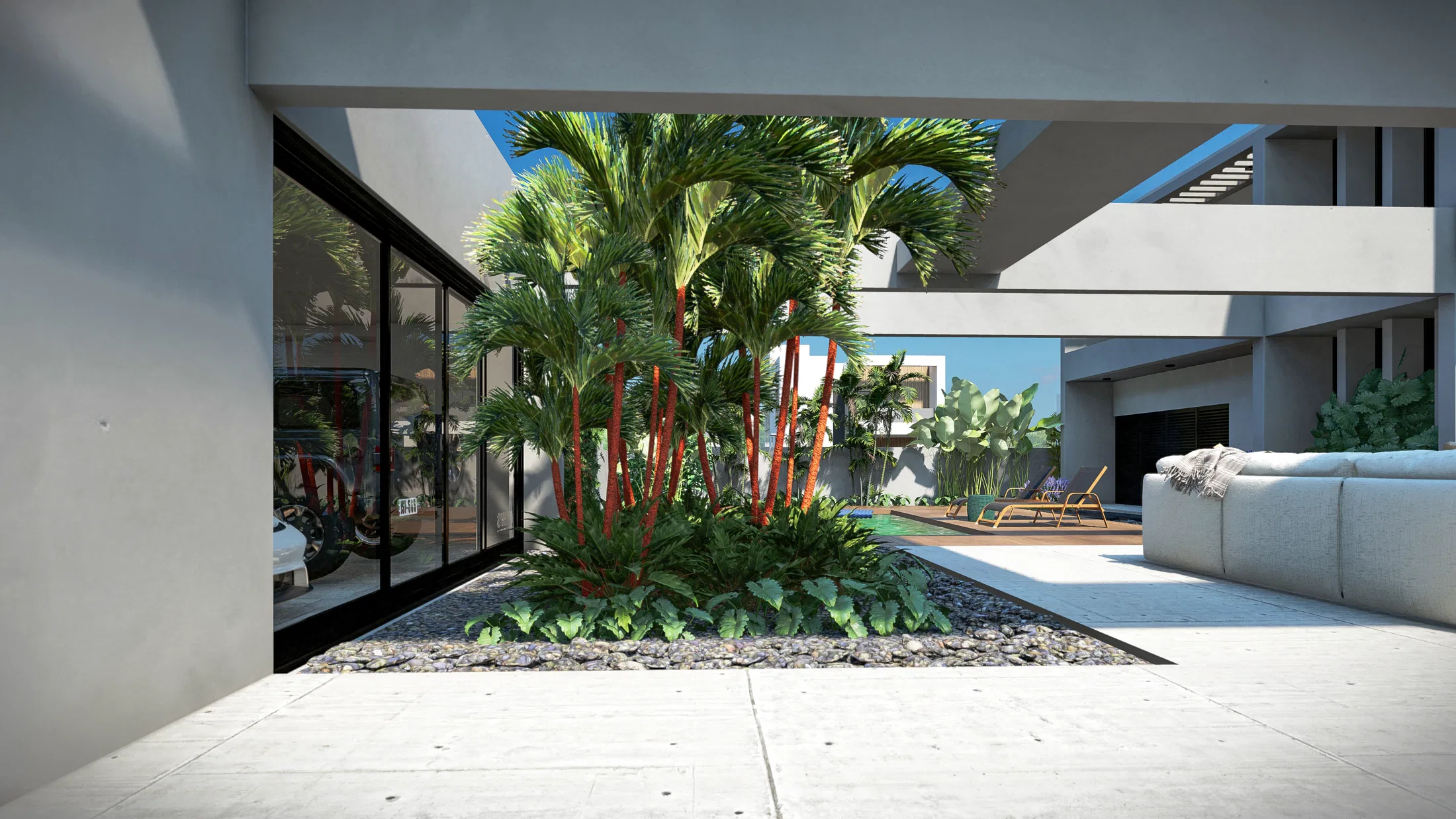 Architectural visualization of Residential Landscape Design with Contemplative Inner Courtyard and Tree-Lined Facade — GRON 3D