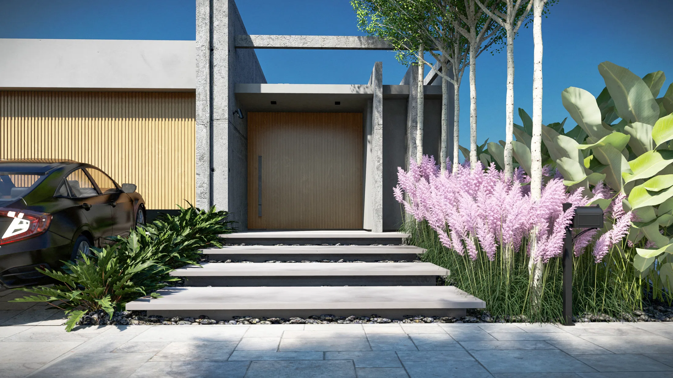 Architectural visualization of Residential Landscape Design with Contemplative Inner Courtyard and Tree-Lined Facade — GRON 3D