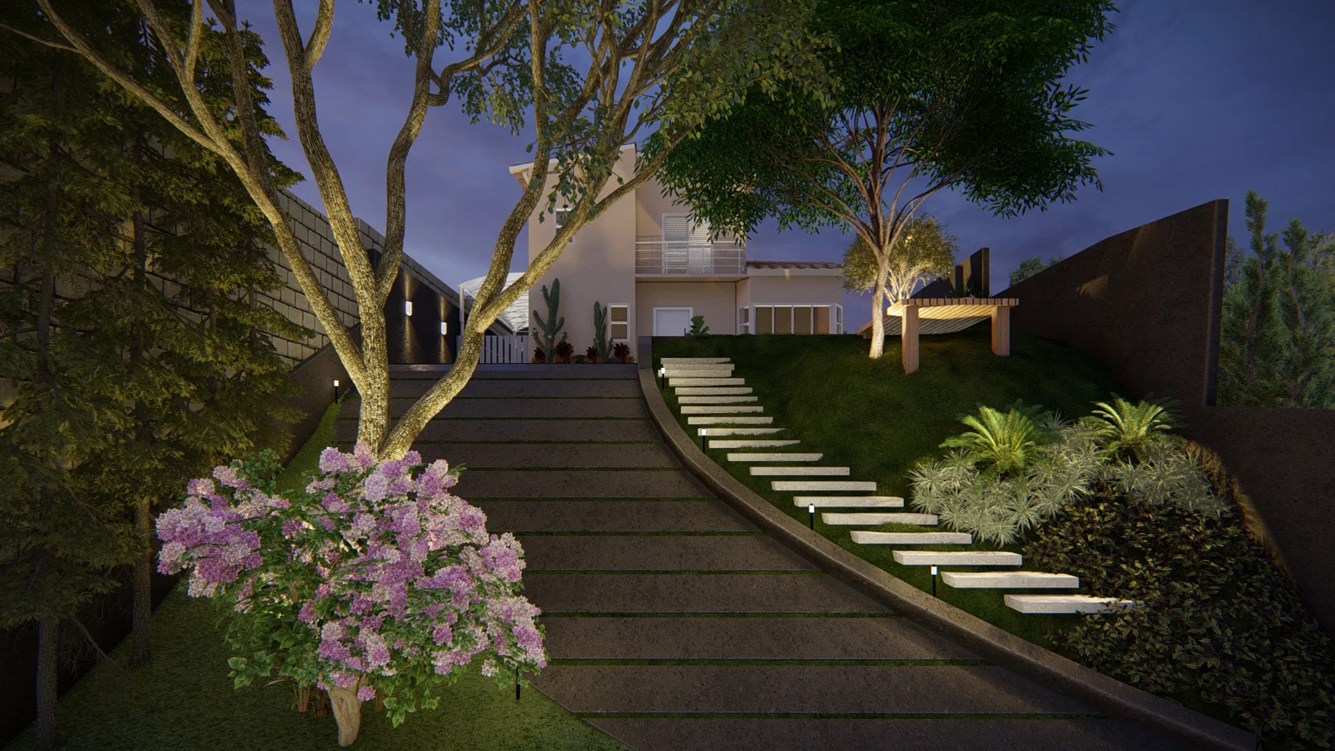 Sloping garden at dusk, a long stairway climbing the grassed bank, a flowering tree in the foreground and the lit house at the top of the plot
