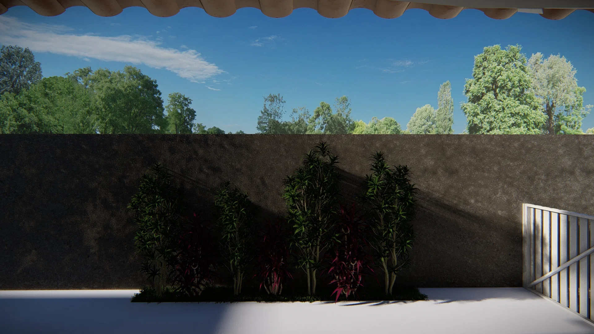 Dark boundary wall with a slim strip of grasses and one magenta plant, seen beneath the tiled eave, with tree canopies rising behind