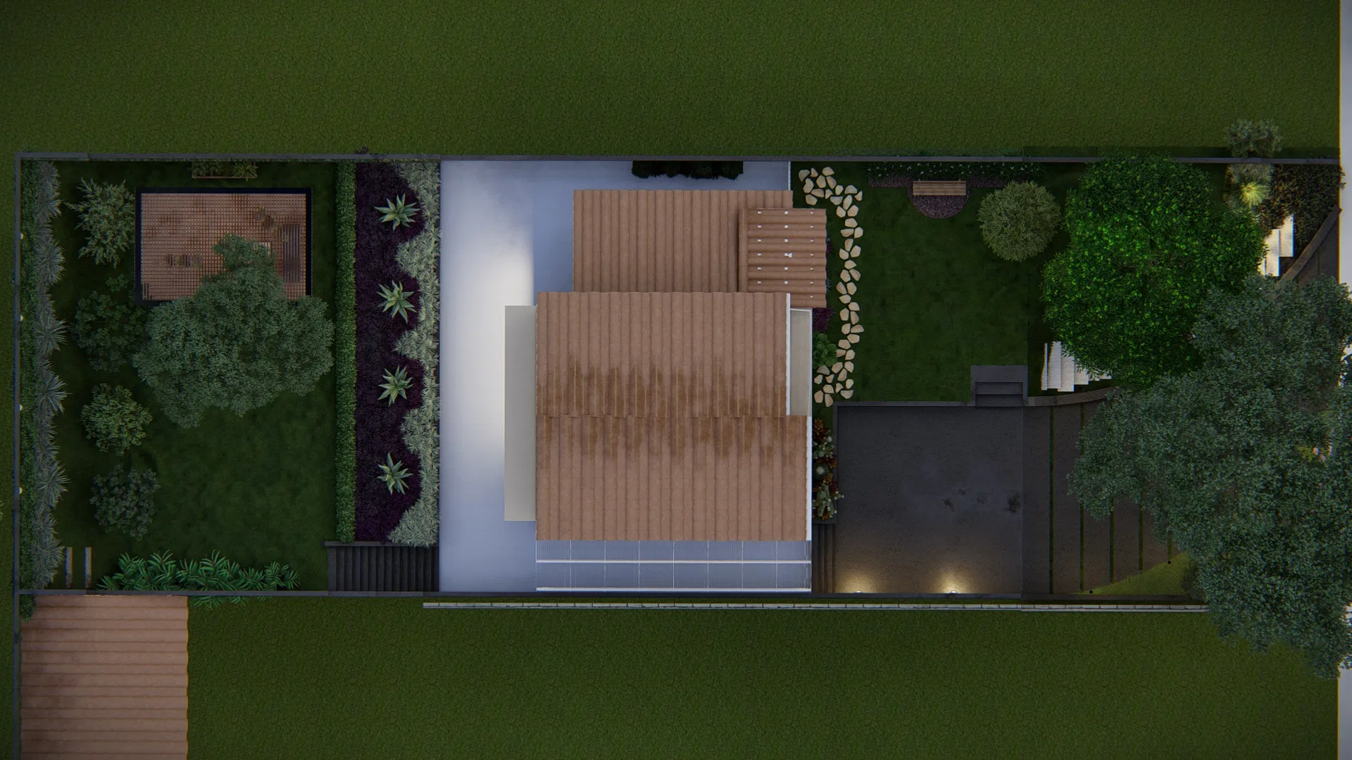 Night top-down view of the elongated plot, showing the timber deck, beds of purple foliage and trees spread across the lawn