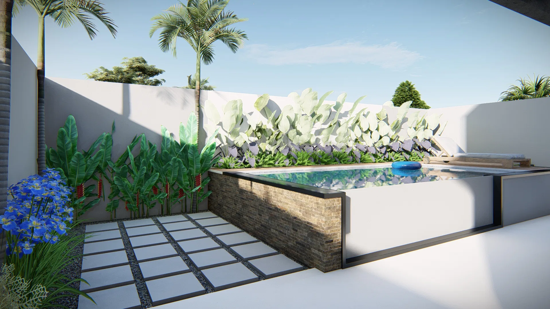 Architectural visualization of Residence with Mashrabiya Entry, Yellow Ipê and Lawn Walkway Deck — GRON 3D