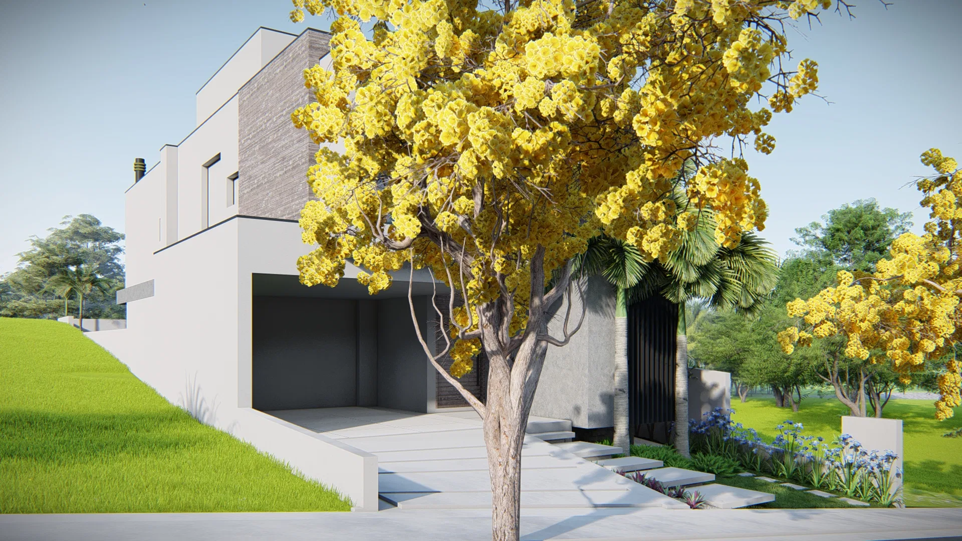 Architectural visualization of Residence with Mashrabiya Entry, Yellow Ipê and Lawn Walkway Deck — GRON 3D