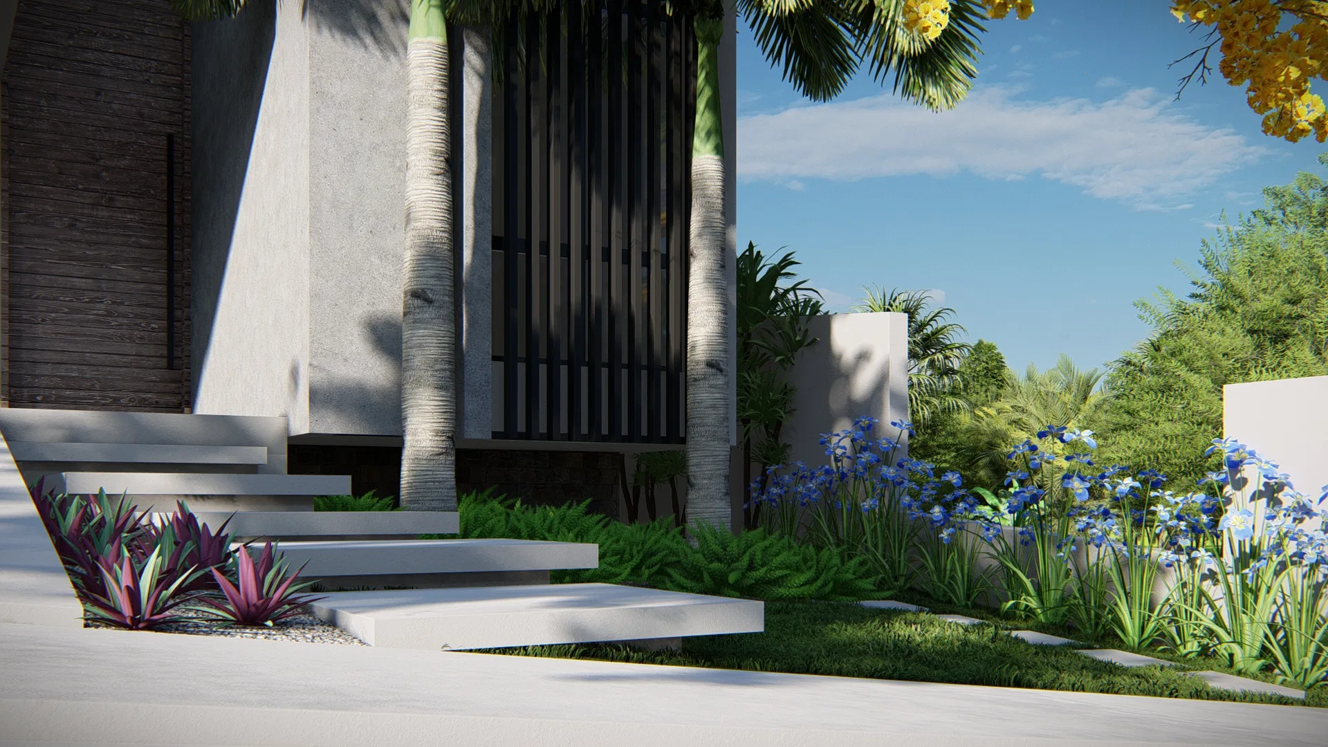 Architectural visualization of Residence with Mashrabiya Entry, Yellow Ipê and Lawn Walkway Deck — GRON 3D