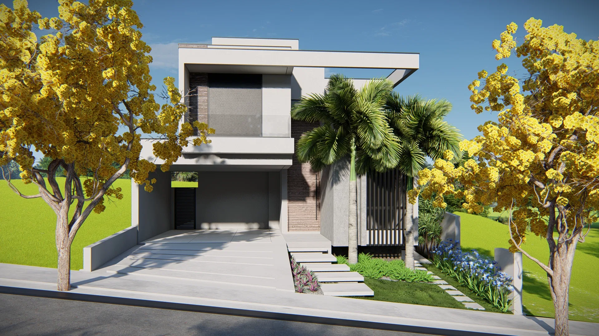 Architectural visualization of Residence with Mashrabiya Entry, Yellow Ipê and Lawn Walkway Deck — GRON 3D