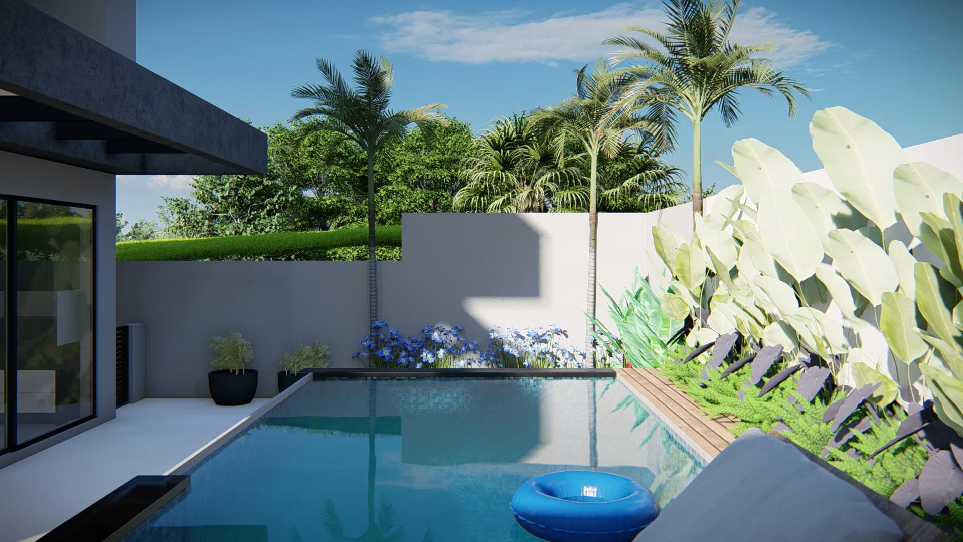 Architectural visualization of Residence with Mashrabiya Entry, Yellow Ipê and Lawn Walkway Deck — GRON 3D