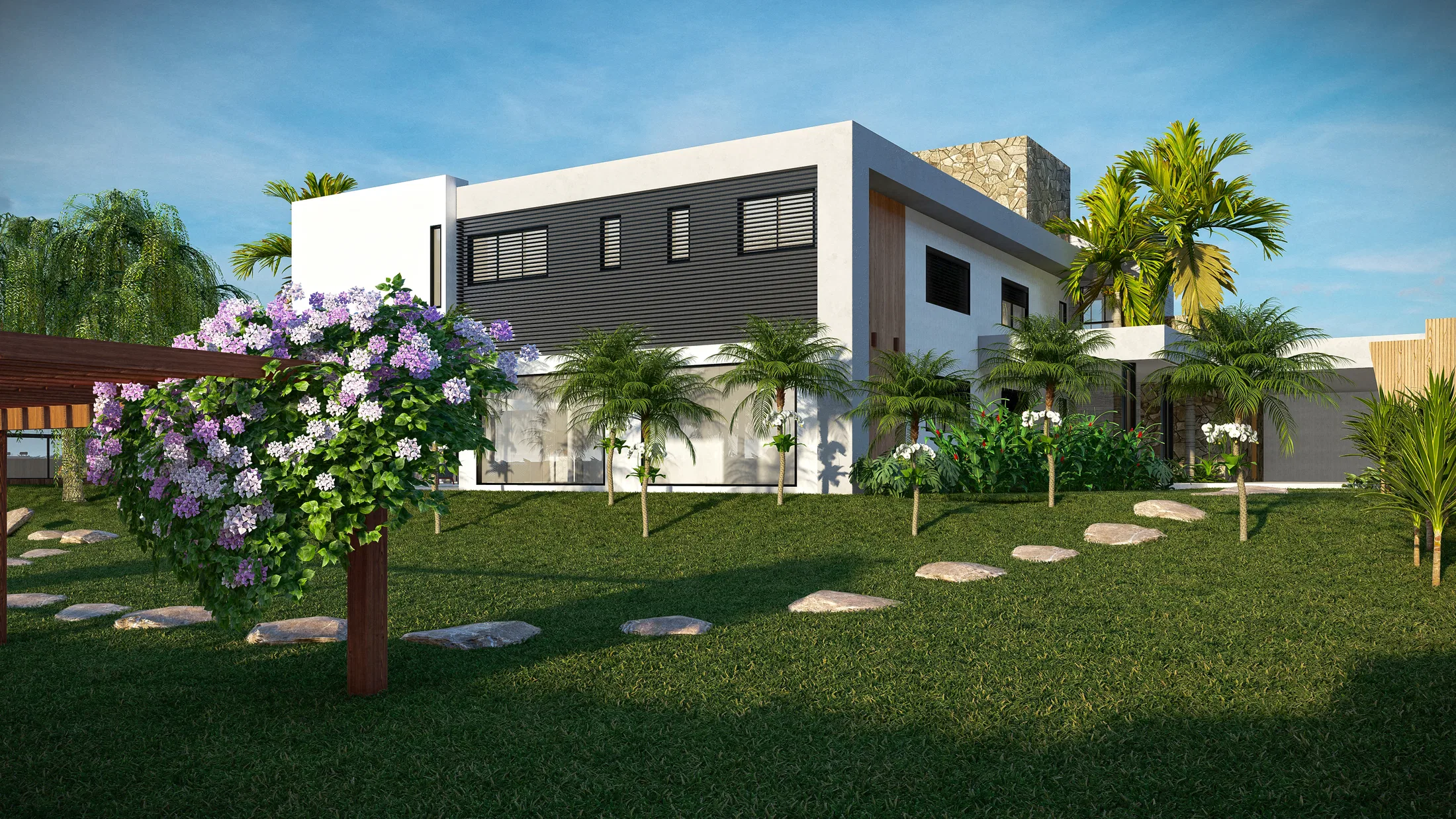 Facade of a single-story house with a lilac-flowering tree in the foreground, palm trees and a stone path across the lawn