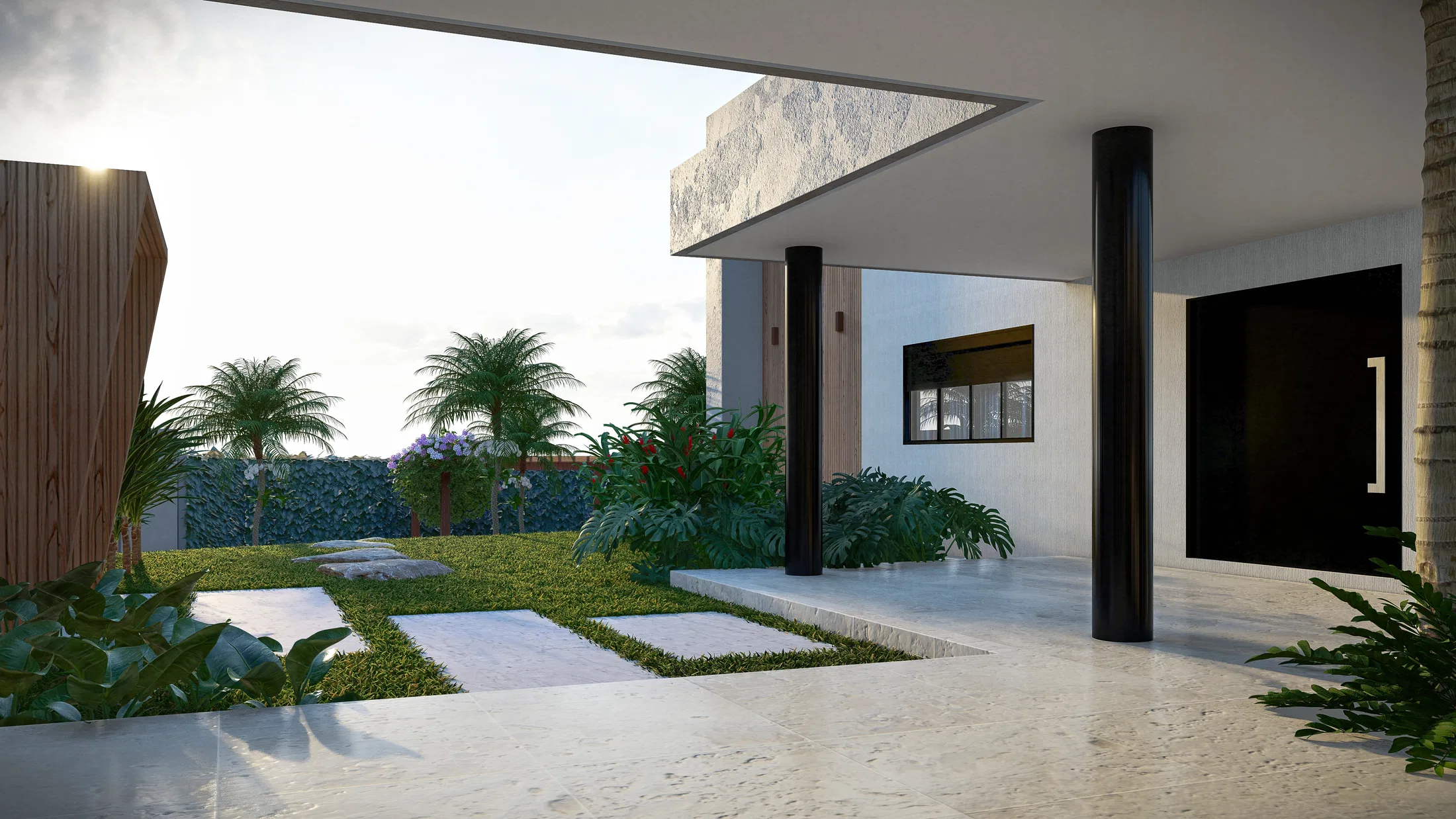 Covered entry with dark columns, light stone flooring and a path of pavers over lawn between green planting beds