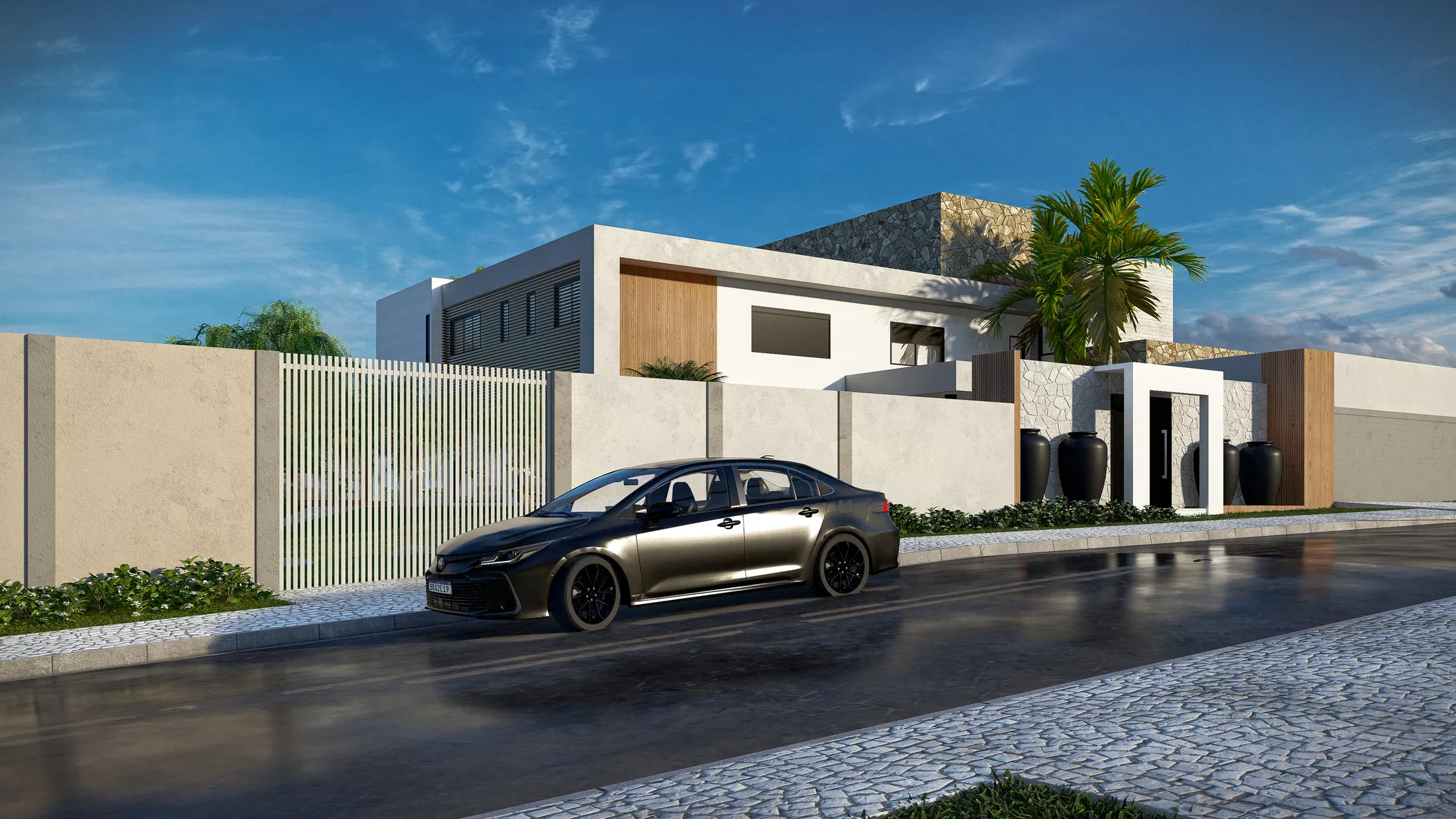 Daytime facade of a single-story house with a light stone wall, a perforated gate and a car parked by the sidewalk