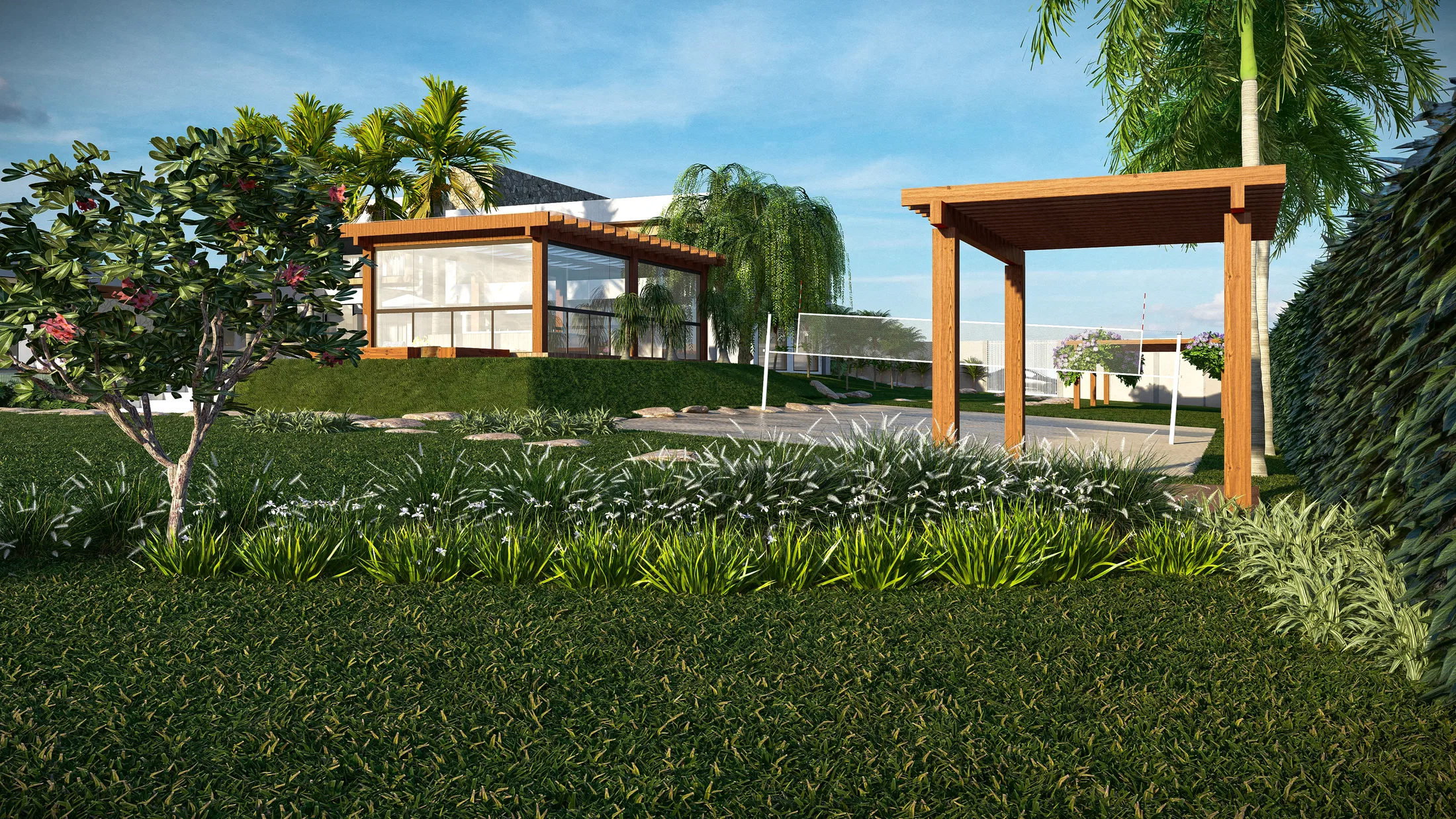 View of the sports court framed by a weeping willow and palm trees, with a wood pergola and flowering garden in the foreground