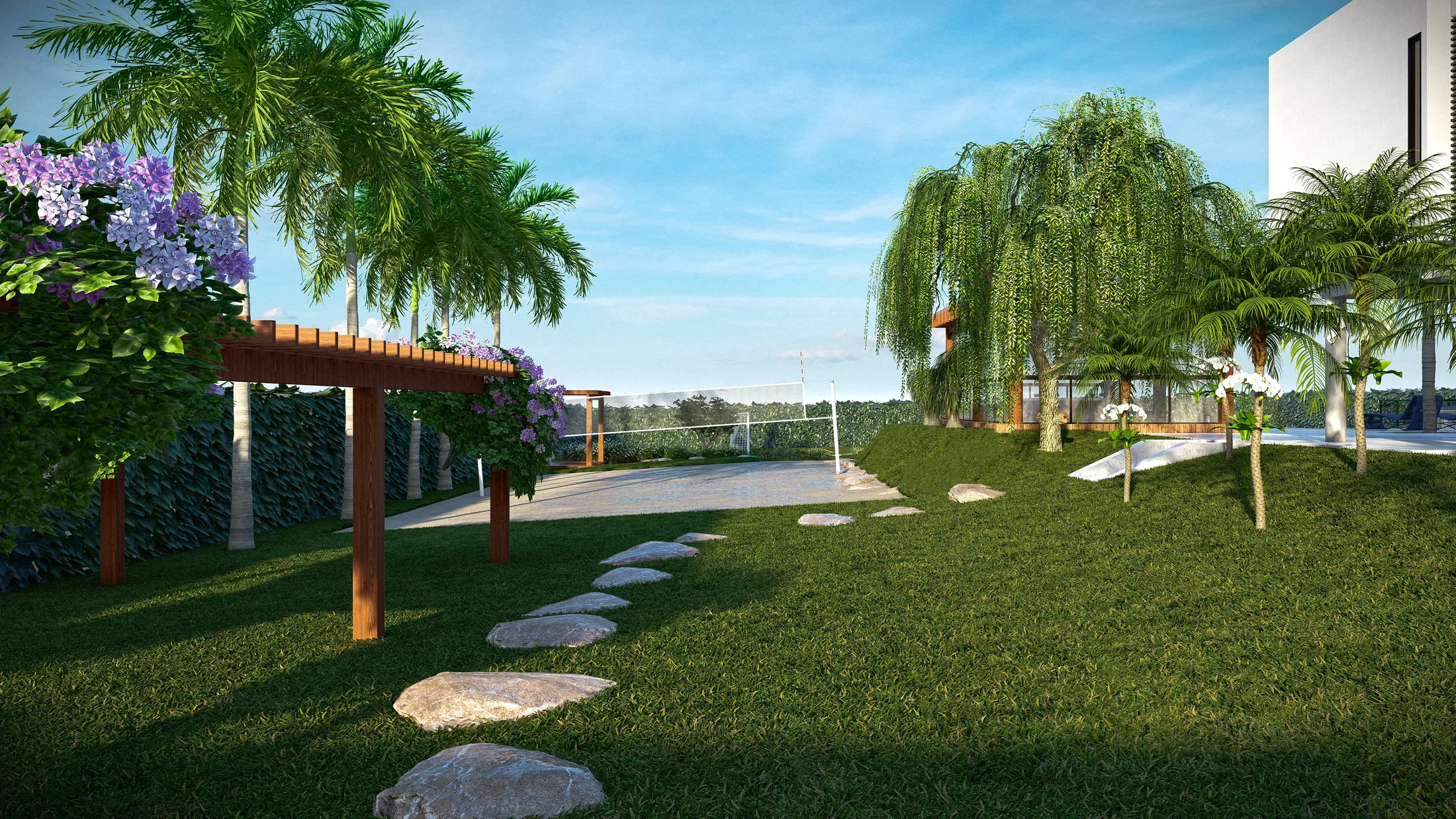 Wood pergola with lilac flowers beside a grass sports court, a weeping willow and palm trees in the background