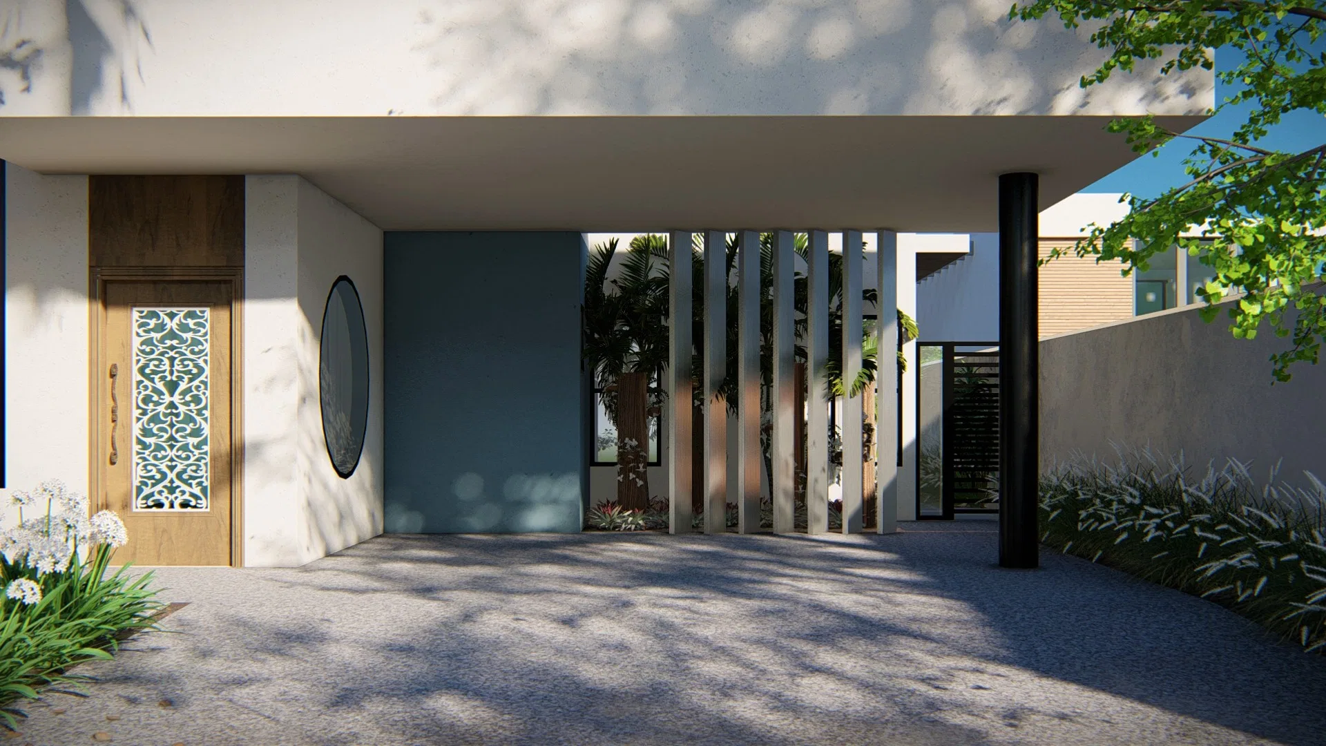 Architectural visualization of Residence with Carved Timber Door, Slatted Pergola and White Spherical Planters — GRON 3D