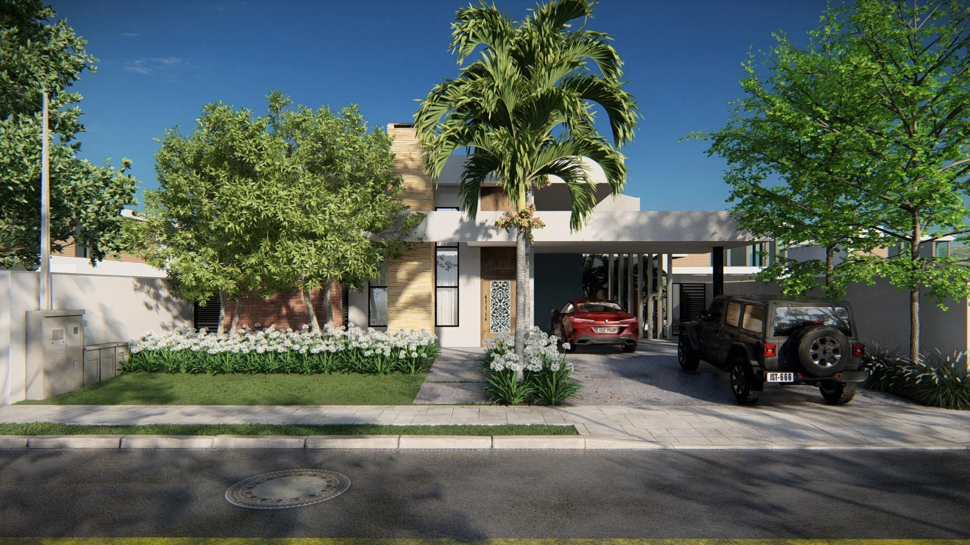 Architectural visualization of Residence with Carved Timber Door, Slatted Pergola and White Spherical Planters — GRON 3D