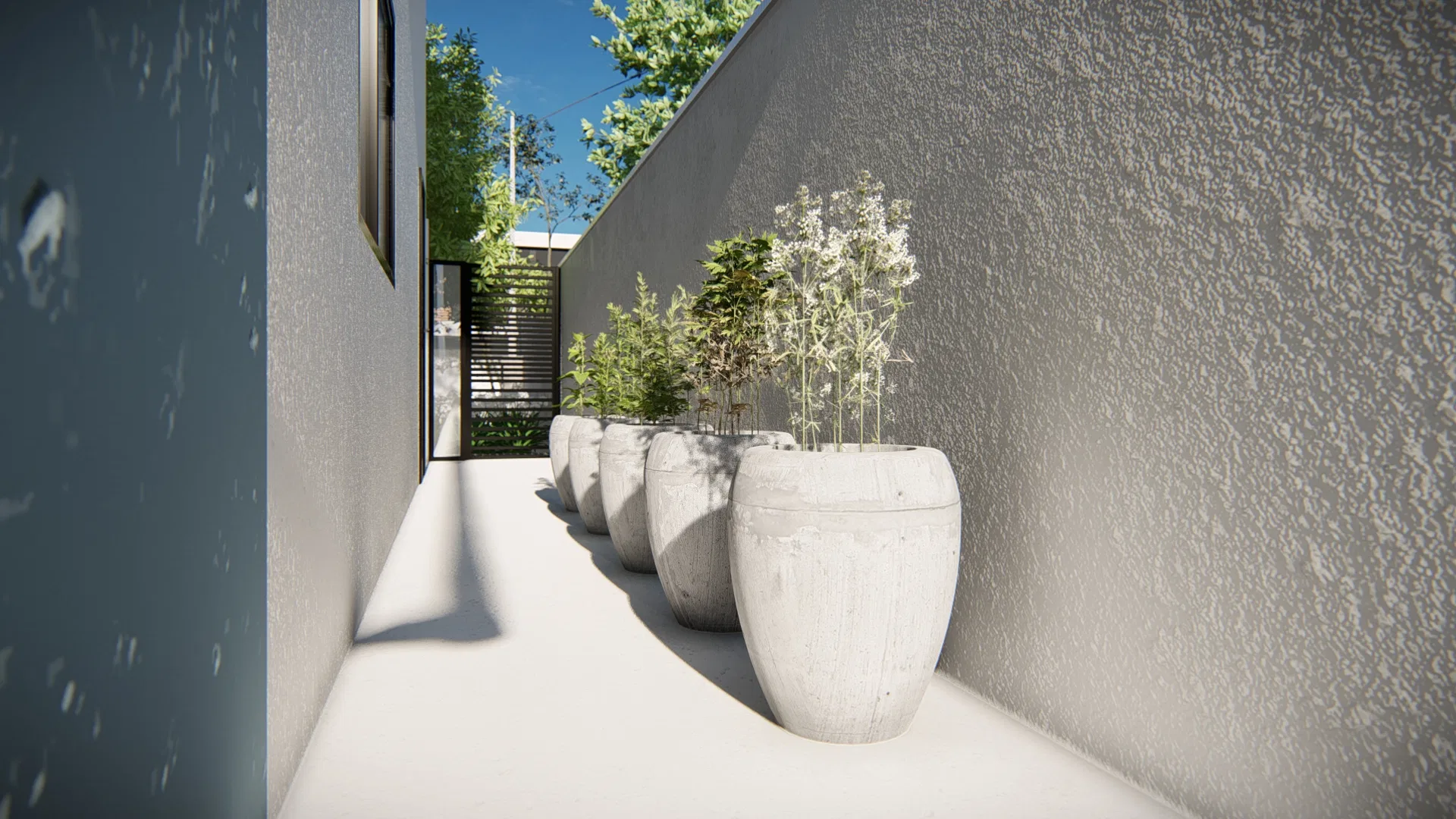 Architectural visualization of Residence with Carved Timber Door, Slatted Pergola and White Spherical Planters — GRON 3D