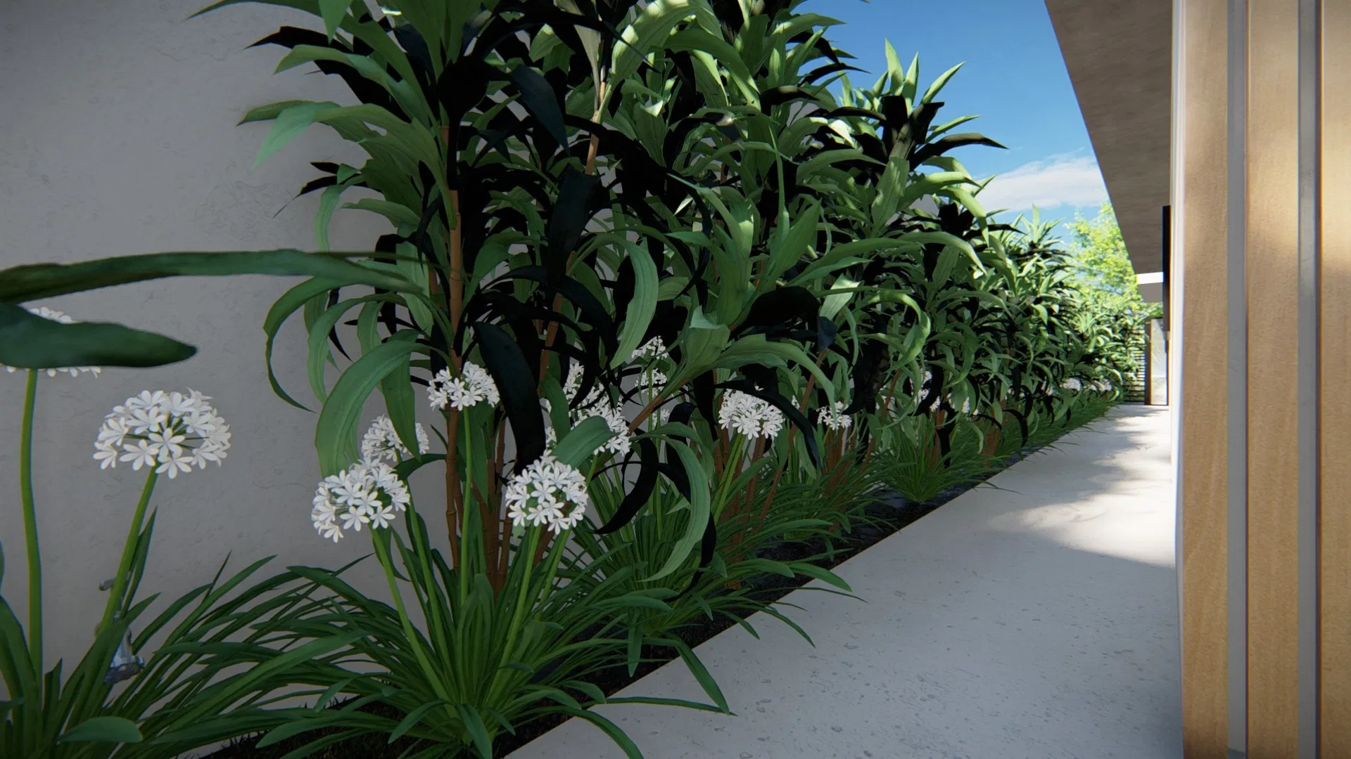 Architectural visualization of Residence with Carved Timber Door, Slatted Pergola and White Spherical Planters — GRON 3D