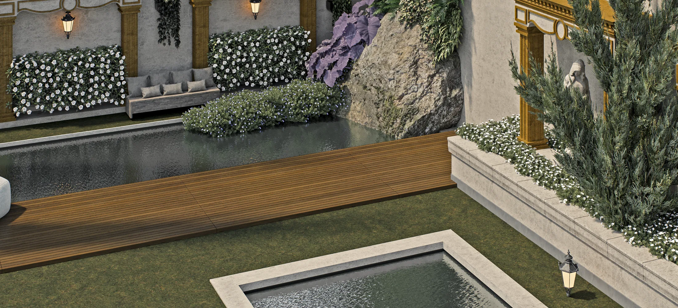 Elevated view of the classical courtyard, with reflecting pools, a wooden deck, a cushioned bench, flowering trellises and cypress trees by the ornamental wall