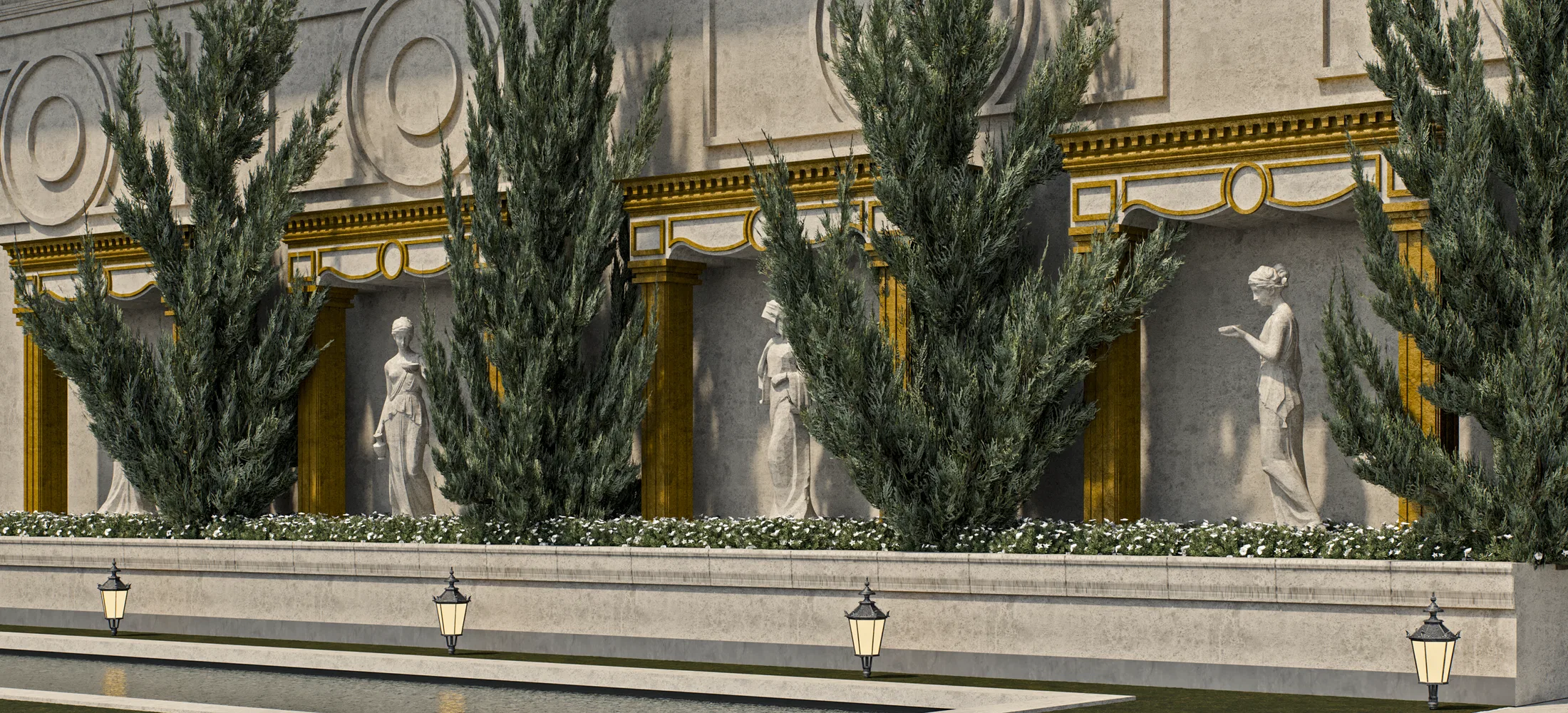 Classical wall with gilded pilasters and statues in niches, fronted by tall cypress trees, white flowering ground cover and a reflecting pool