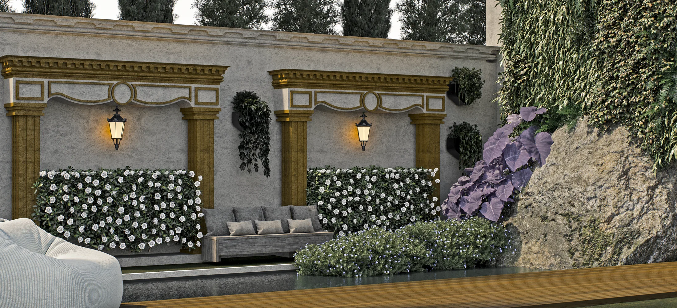 Dusk corner with gilded pilasters, lit lanterns, white-flower trellises and a masonry bench facing the reflecting pool