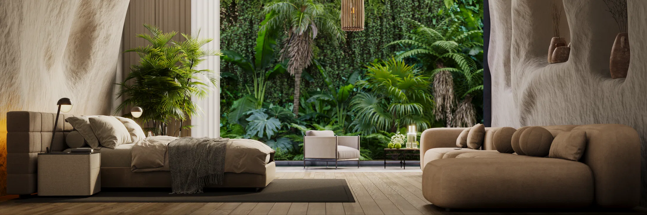 Bedroom with textured walls opening to a dense tropical garden, a beige linen bed, a curved sofa and palms beside the glazed opening