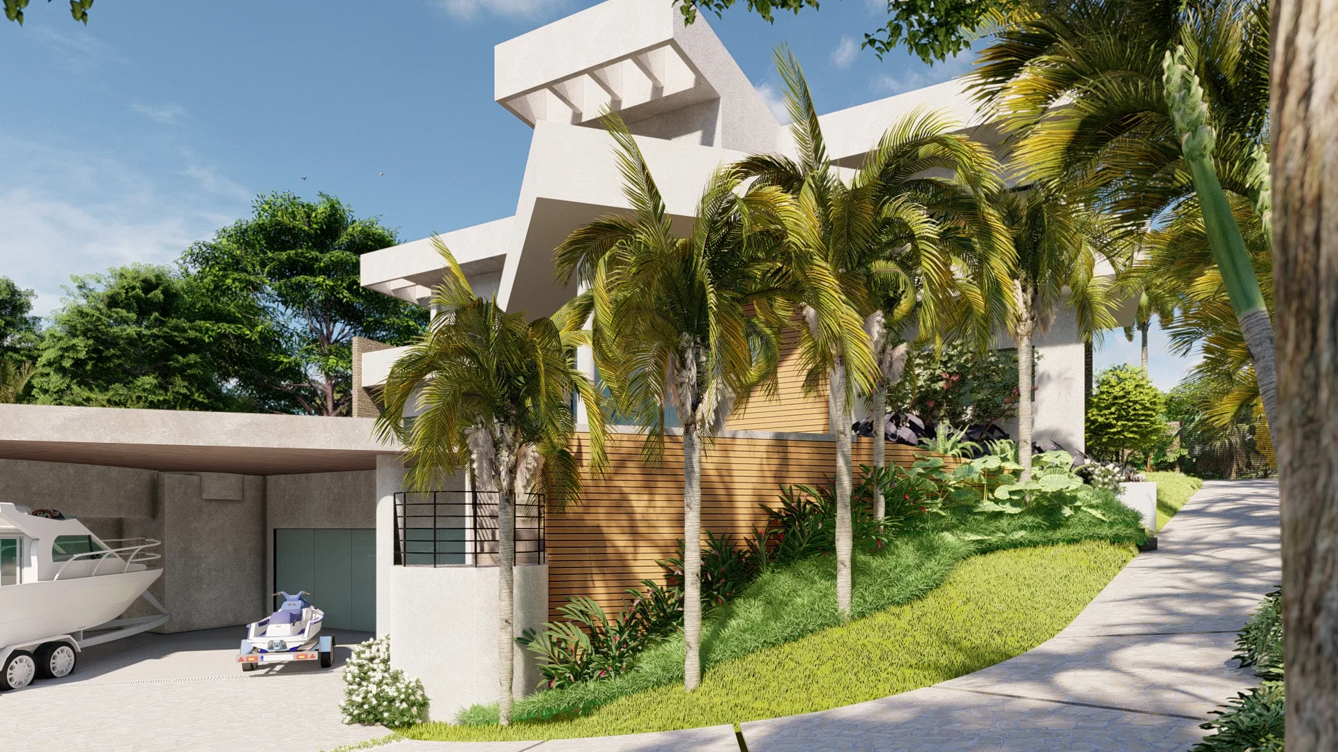 Side view of the white hillside house with a wood-slatted facade band and a covered bay sheltering a boat and a jet ski among palms