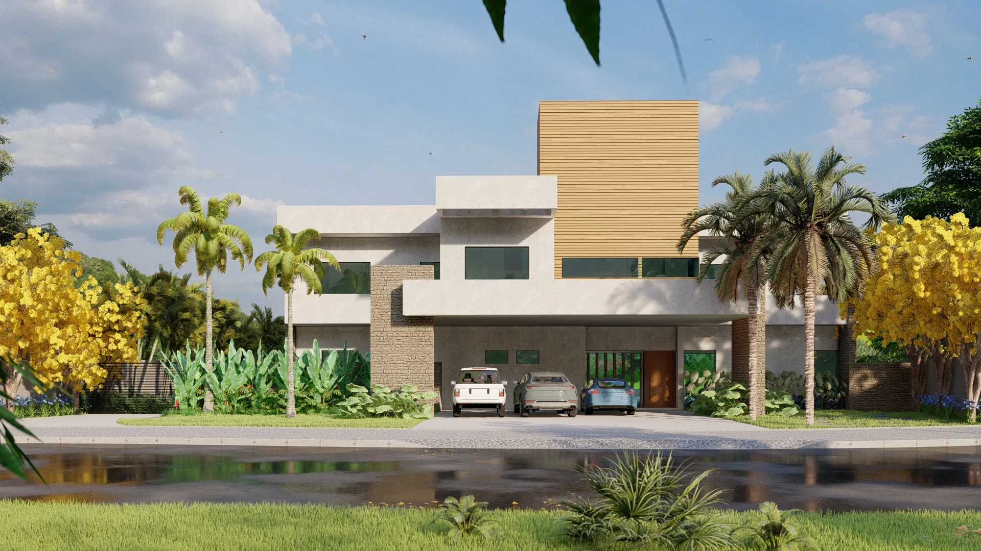Symmetrical front facade with a wood-clad upper box, cars in the garage and yellow ipê trees in bloom framing banana plants and palms