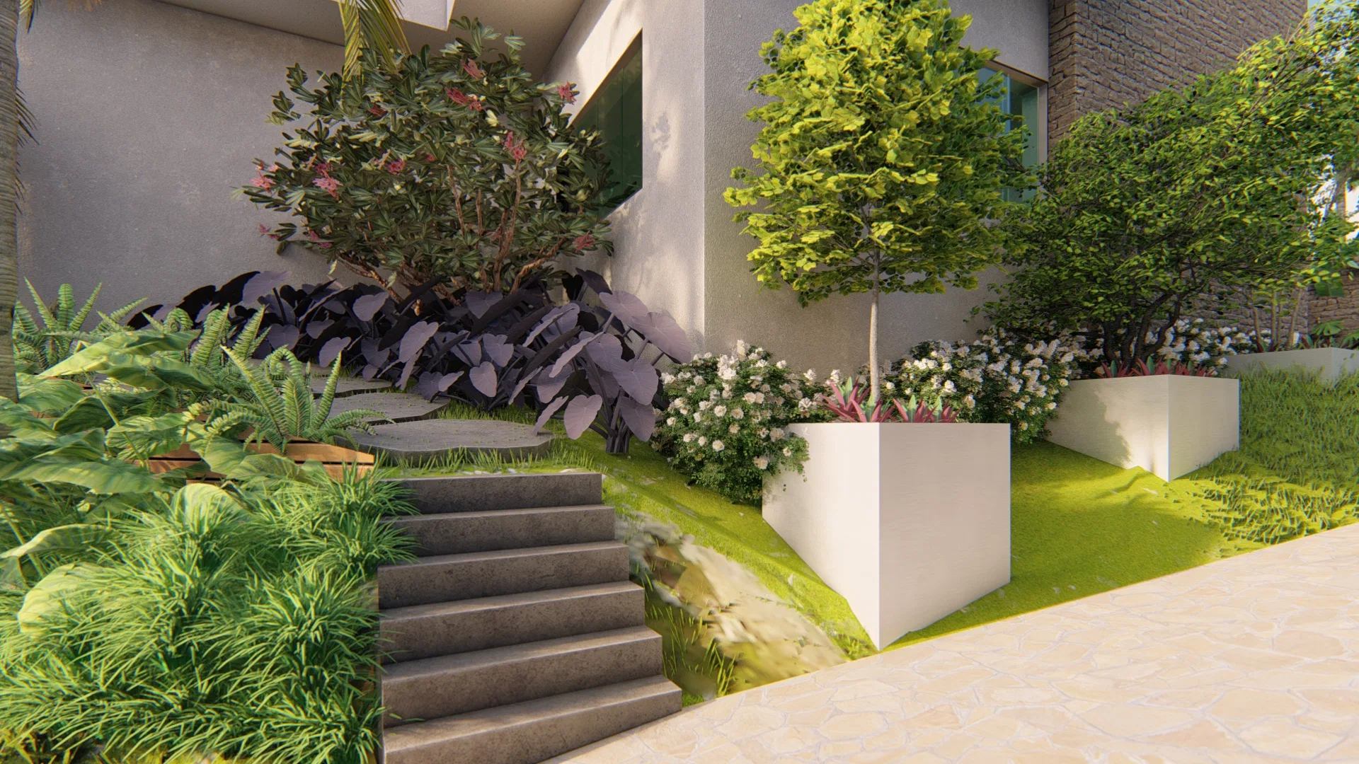 Concrete stairway flanked by purple-leaf plants, ferns and white-flowering shrubs, with cubic white planters and clipped topiary