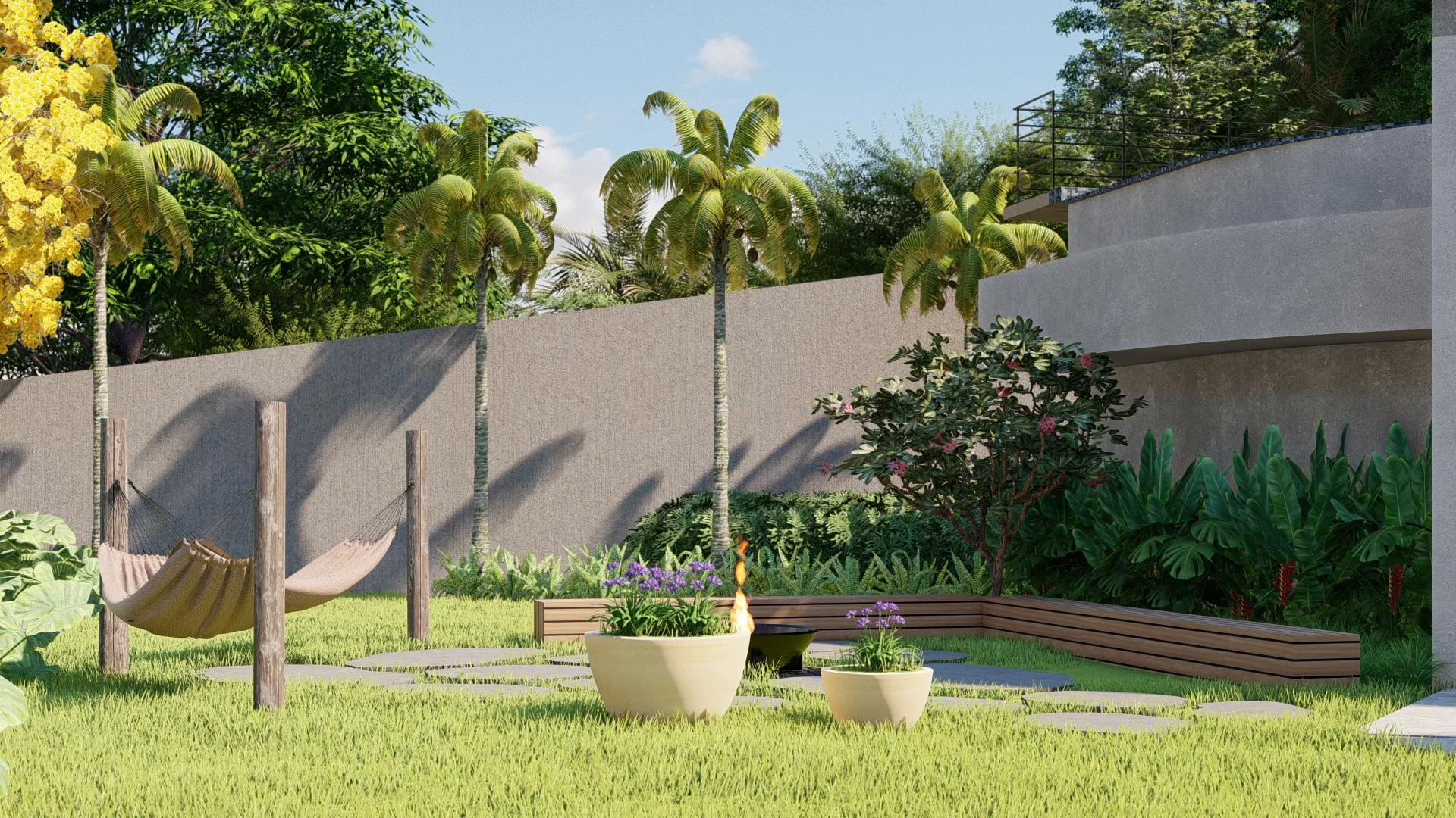 Outdoor lounging area with a hammock on timber posts, an L-shaped bench, a fire bowl and planters of purple agapanthus by the wall under palms