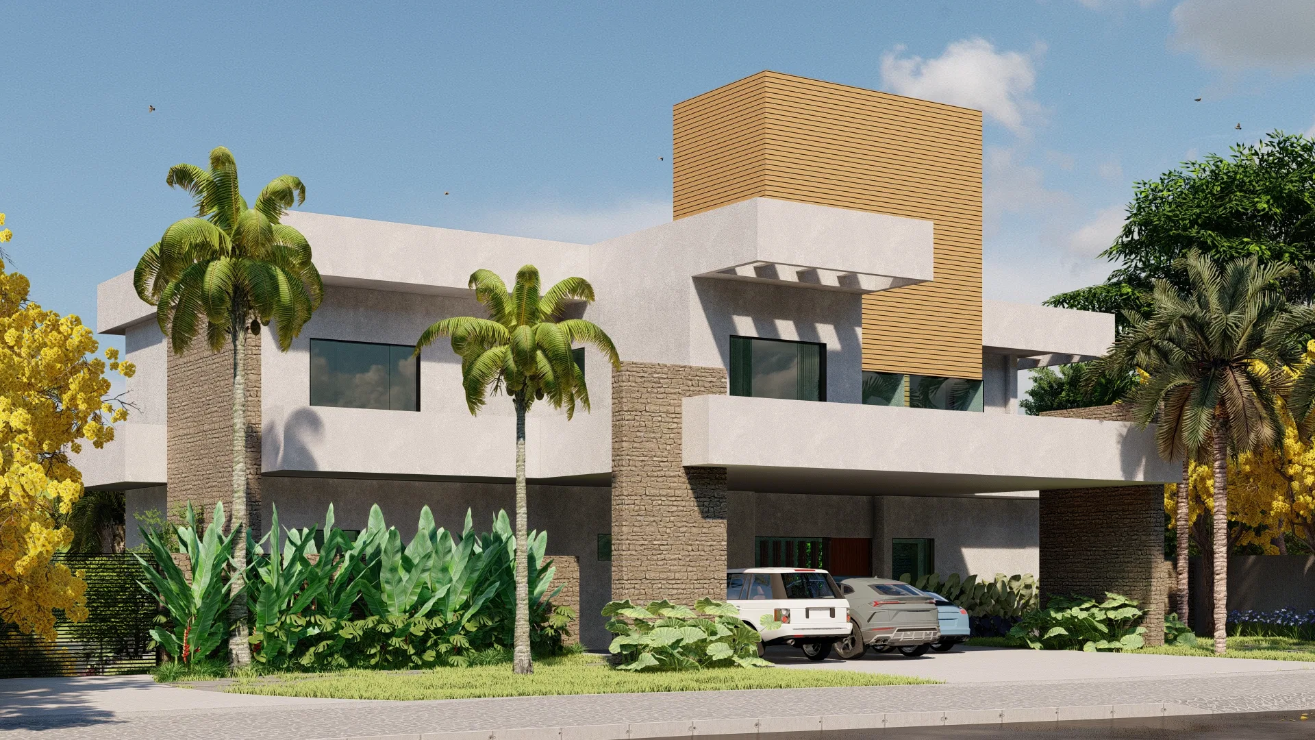 Two-storey elevation with a slatted timber cube on top, palms and a bed of banana plants, cars under the garage between flowering ipês