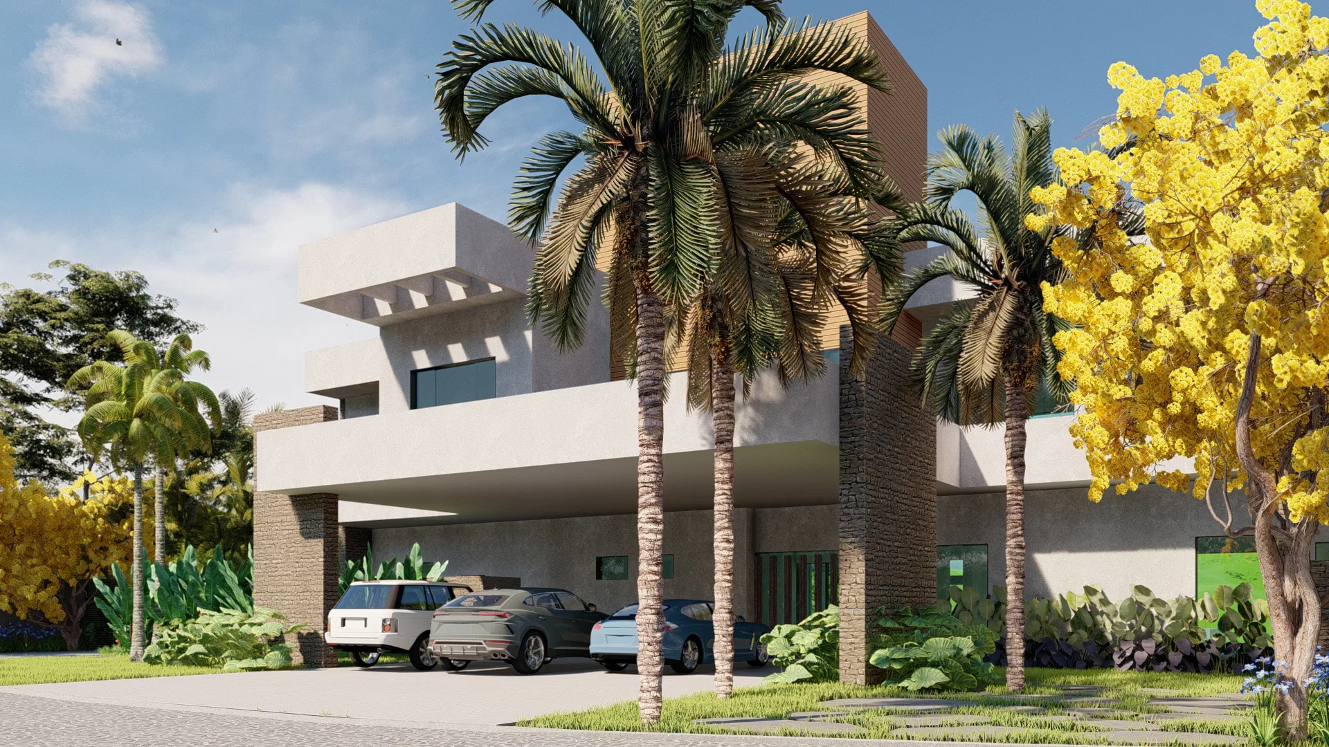 Three-quarter angle with tall palms in the foreground, a covered garage of vehicles and a blooming yellow ipê beside the stone-clad base