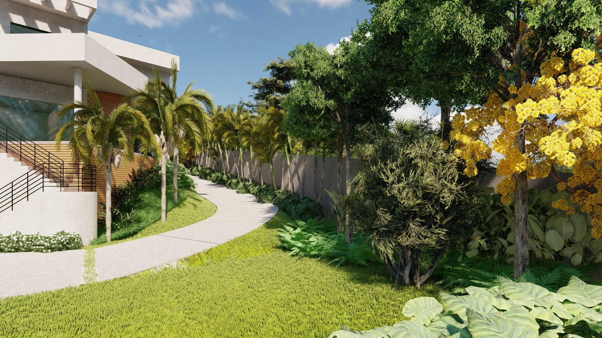 Curving concrete path alongside the house, a grassed strip with palms, the boundary wall and a tree line with a yellow ipê beyond