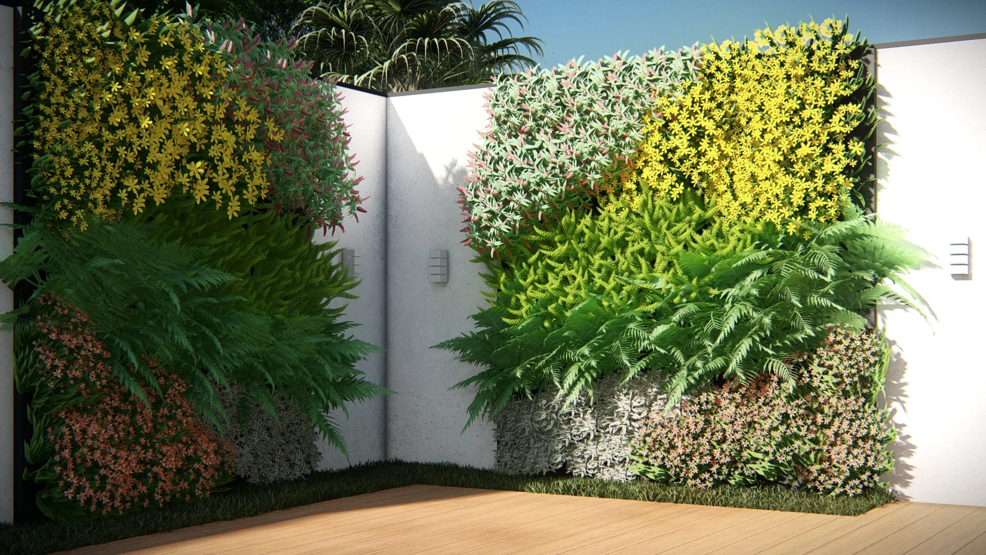 Close-up of the vertical garden wall showing a pattern of yellow, white and pink flowers among green foliage across a white wall corner