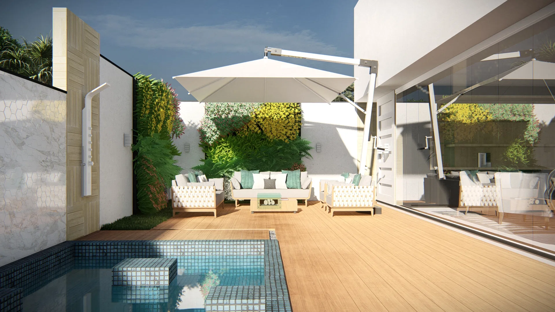 Terrace with a straight-edge pool, wood deck, articulated white umbrella and sofas with seafoam cushions facing a flowering vertical garden wall