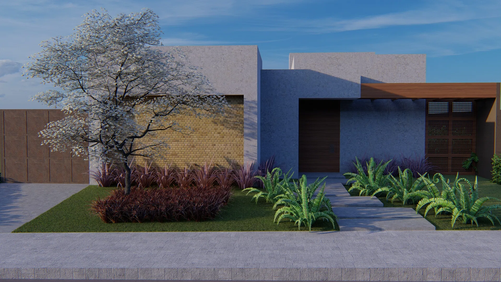 Contemporary façade with plaster volumes, a yellow tiled panel and wood, a pale-flowering tree and beds of reddish grasses and ferns