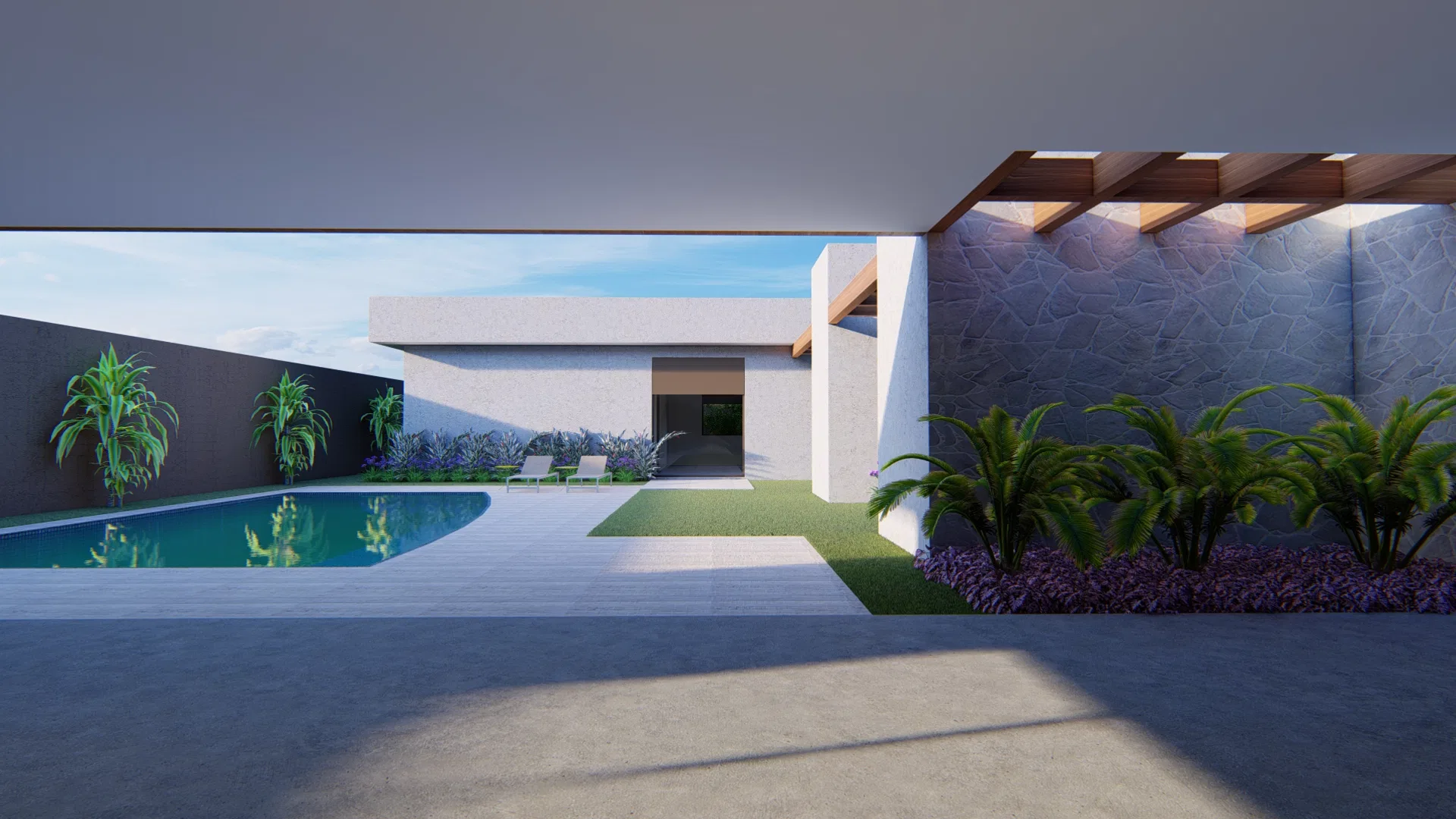 Backyard with a curved pool and wood deck, a stone wall with a pergola, cycads and purple beds beside the pale volumes