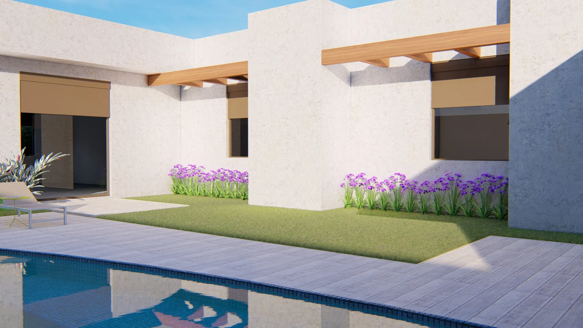 Leisure corner with plaster volumes and pergola beams, a bed of purple flowers in a grass strip and a wood deck at the pool's edge