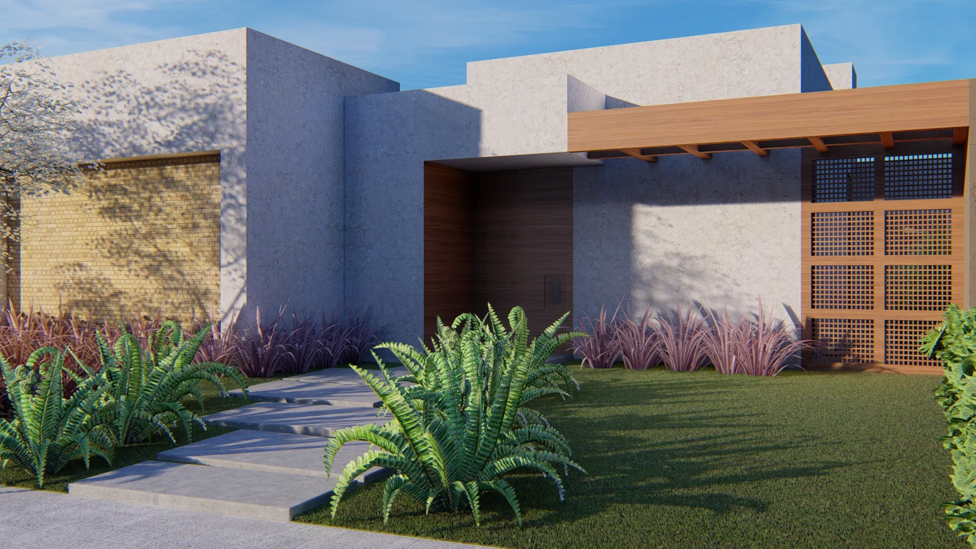 Angled entrance with a pergola and a wood lattice screen, ferns and grasses flanking the paved approach over the lawn