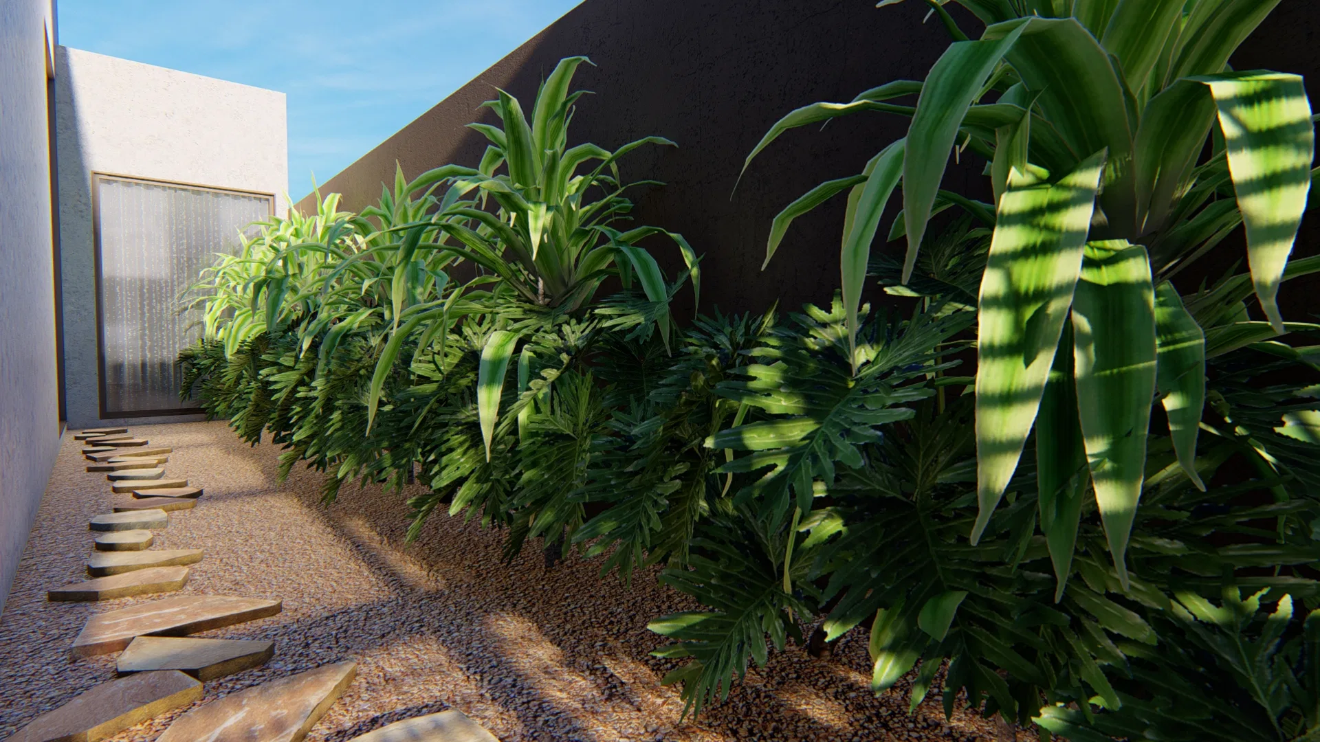 Side corridor with a wood-plank path over pebbles, between dense dracaenas and split leaves along the dark wall