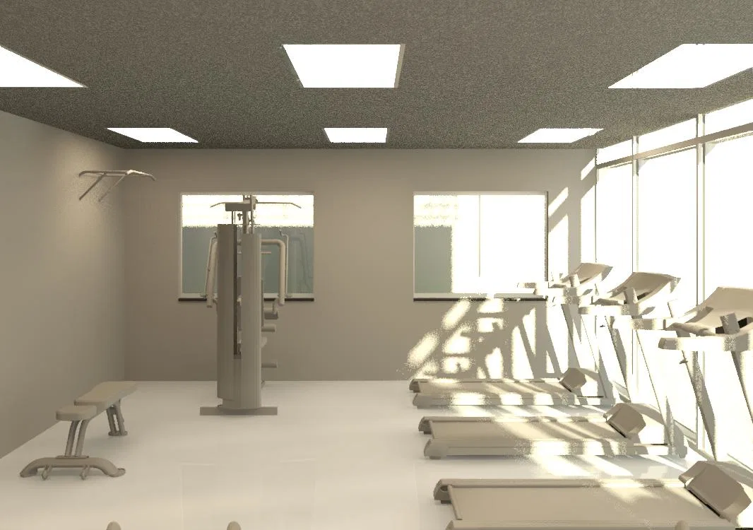 Fitness room with treadmills lined along a window wall, a multi-station weight machine, a flat bench and generous daylight