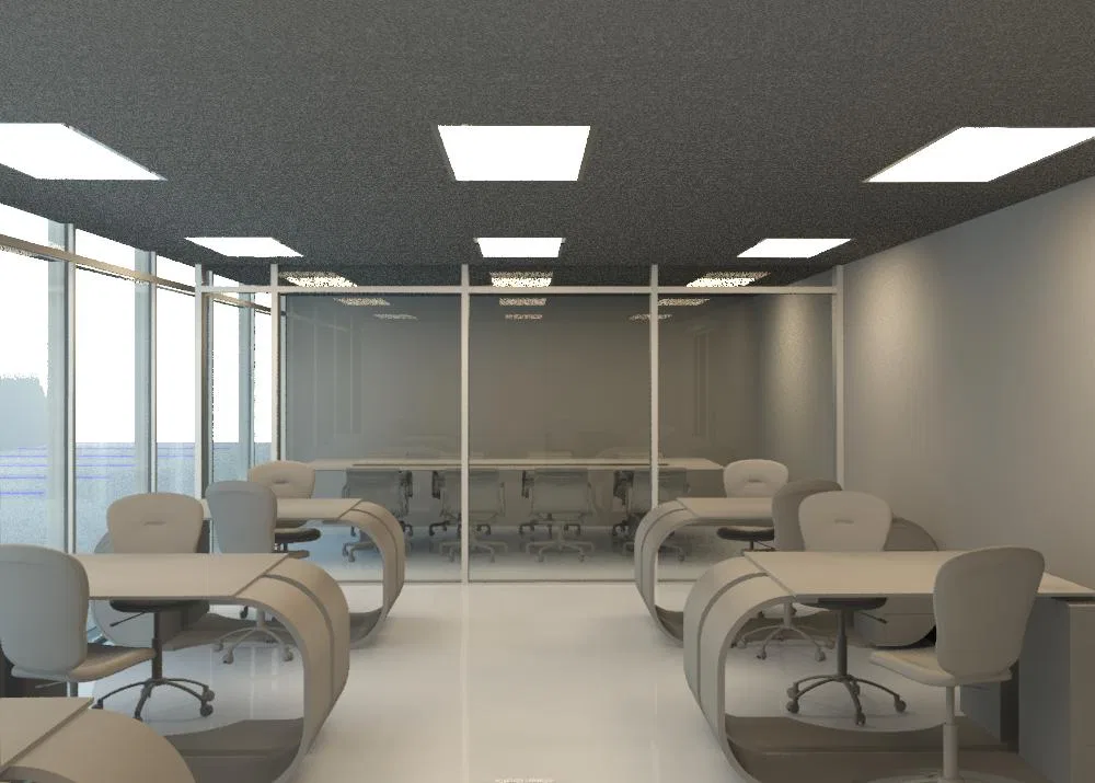 Open-plan office with workstations and curved-back chairs, a glazed meeting room at the center and tall windows to the left