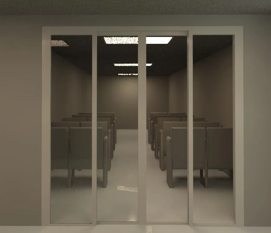 Room seen through glass doors, with rows of aligned seats beneath ceiling light panels and a light reflective floor