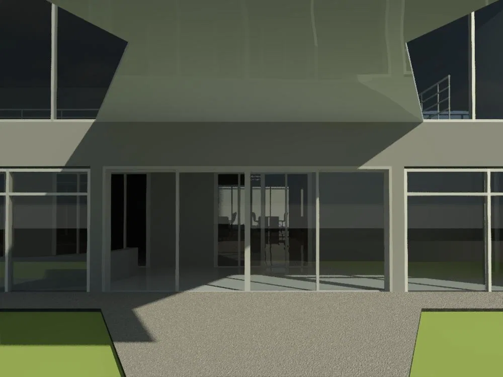 Building entrance with a cantilevered upper floor, a glazed ground floor with sliding doors and furniture visible inside, strips of lawn on the forecourt