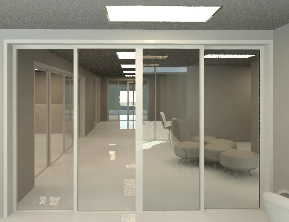 Lounge area seen through glass doors, with round poufs, a chair and glazed partitions along a corridor with a polished floor