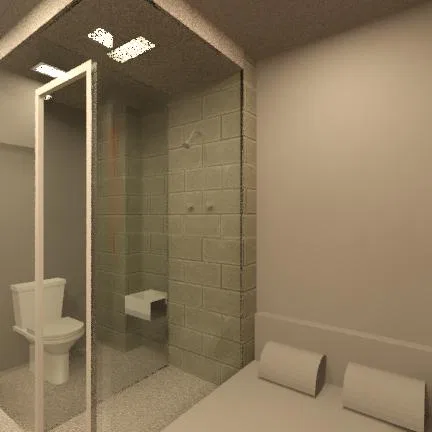 Room with a glass shower box and block-tiled wall, a toilet, a wall-mounted seat and a support bed with cushions in neutral tones