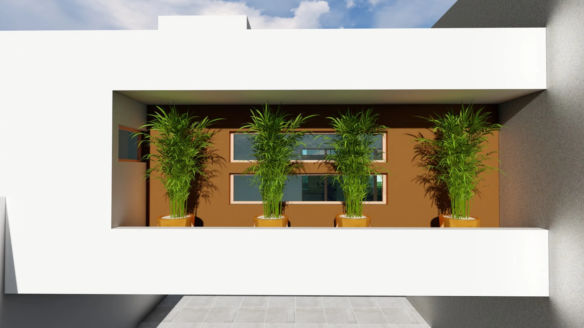 Terracotta-toned wall niche with four fiber planters and bamboo palms lined up beside windows