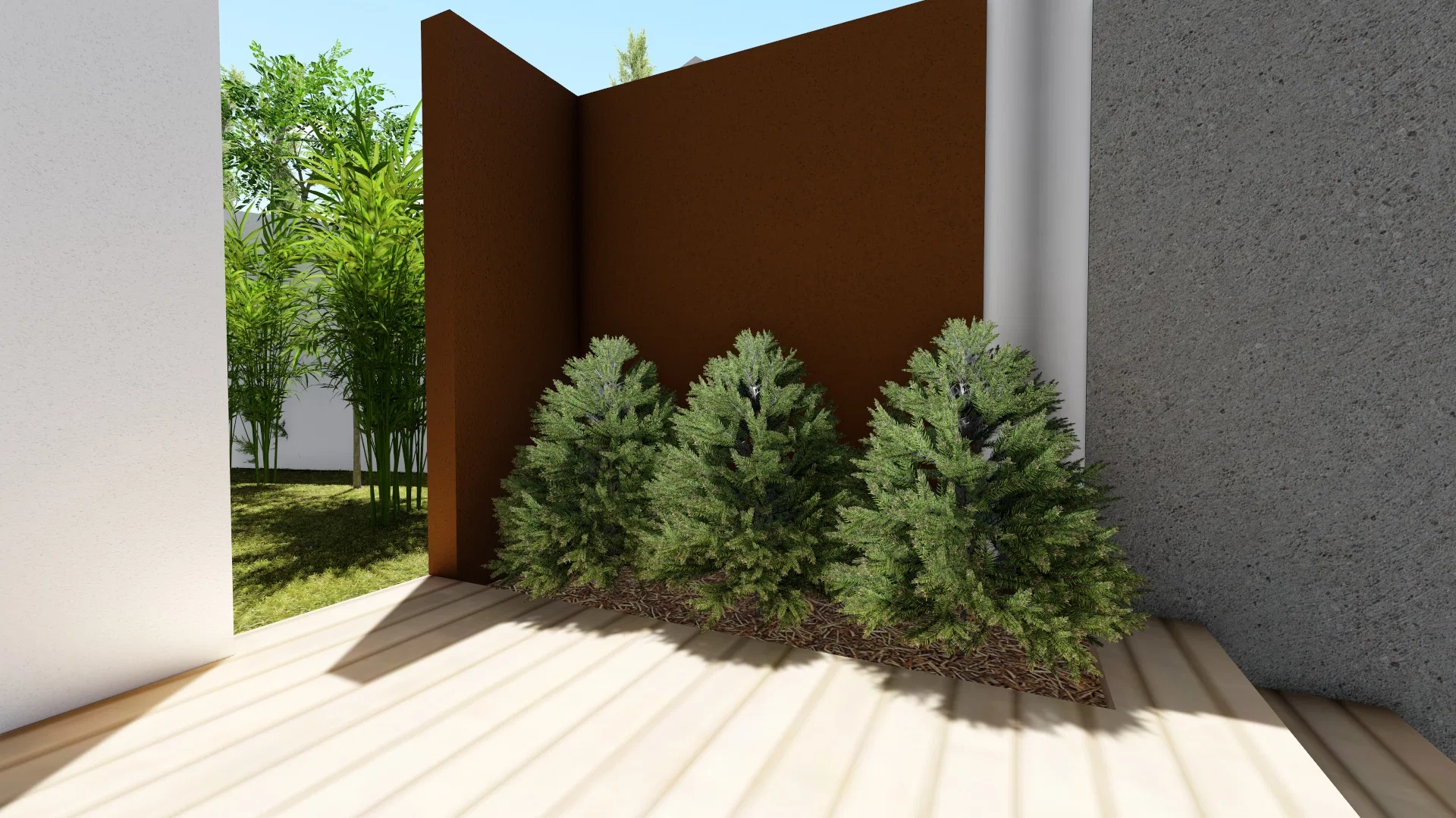 Corten-steel wall corner with three conifers lined up over a wood deck