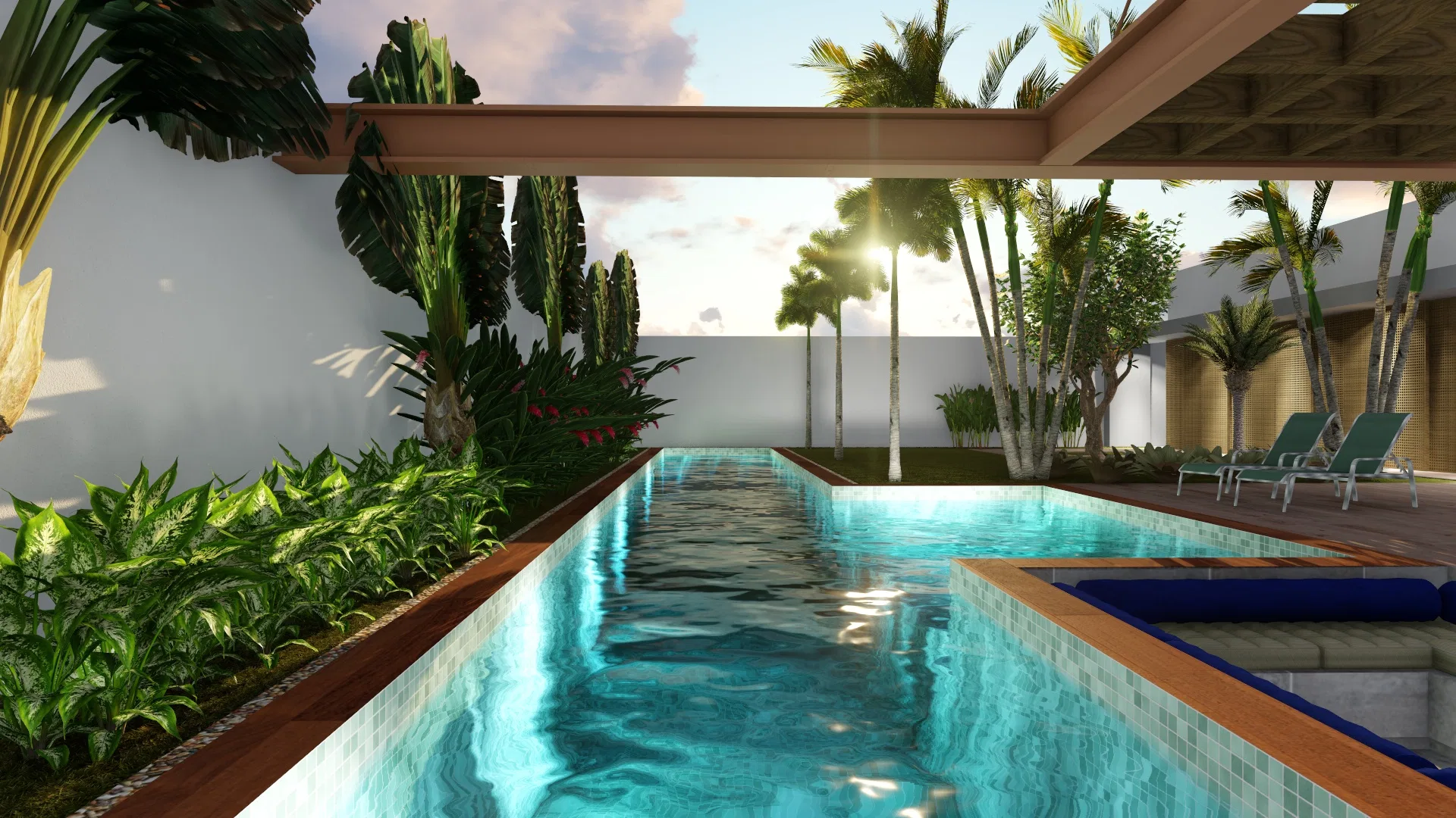 Lap pool covered by a wood pergola, with loungers beside it and palm trees reflected in the water