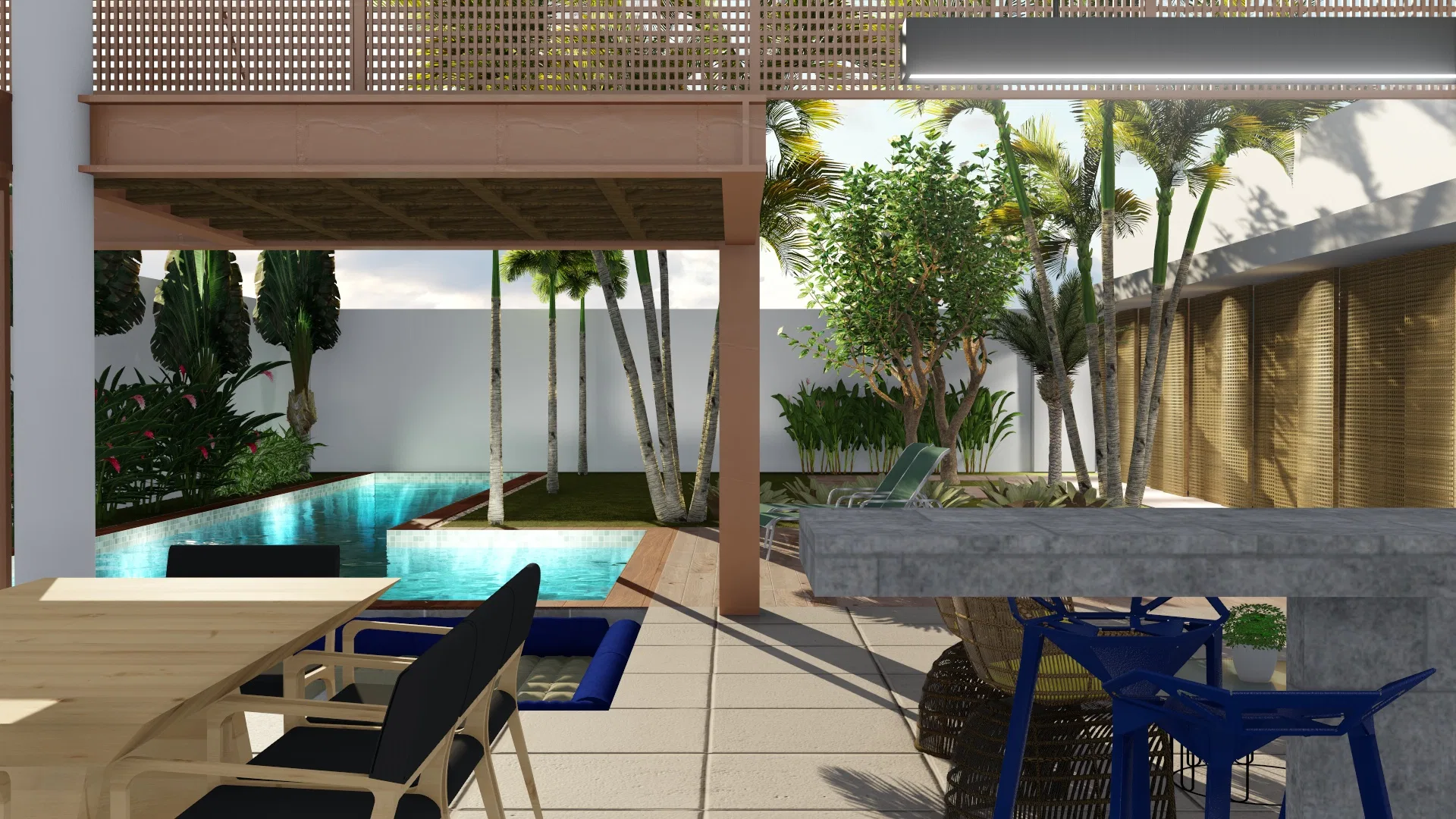 Covered outdoor dining area with a lattice structure, an outdoor dining table, chairs and the lap pool beside it
