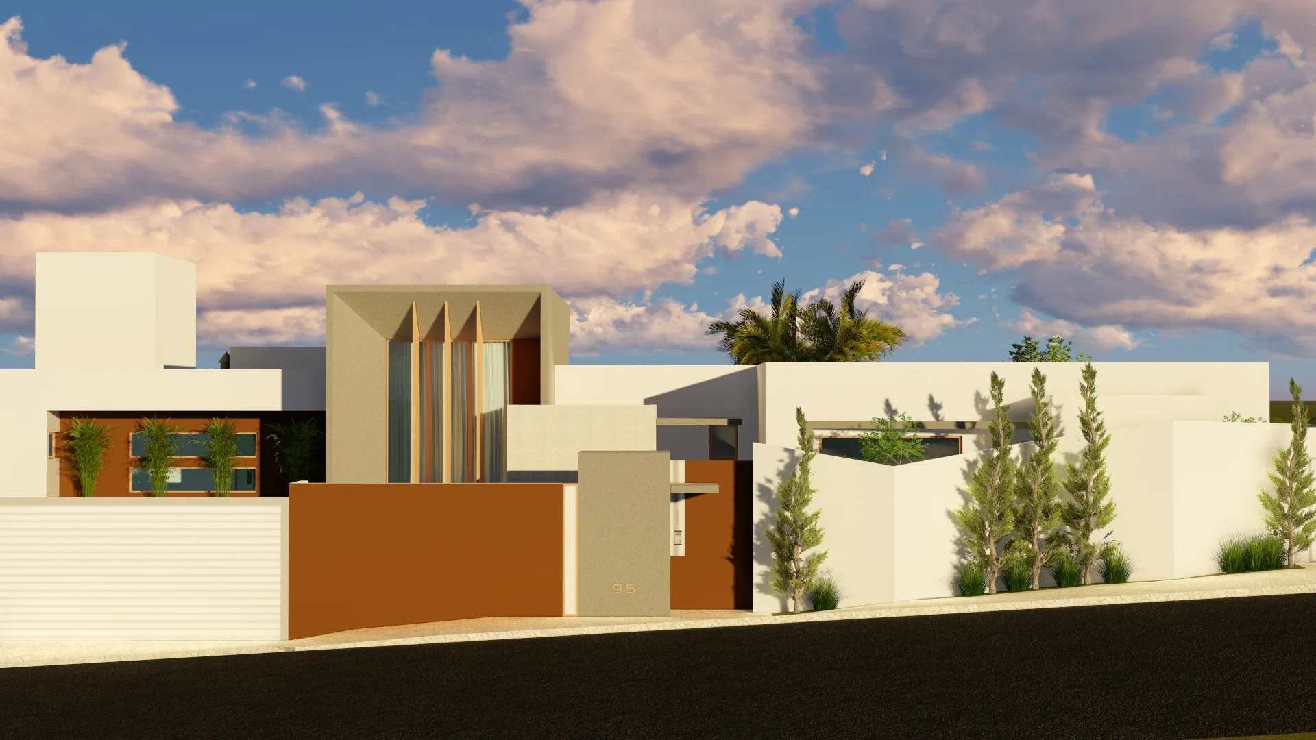 Asymmetrical facade in terracotta and white tones, with a low wall and narrow trees lined up along the entrance
