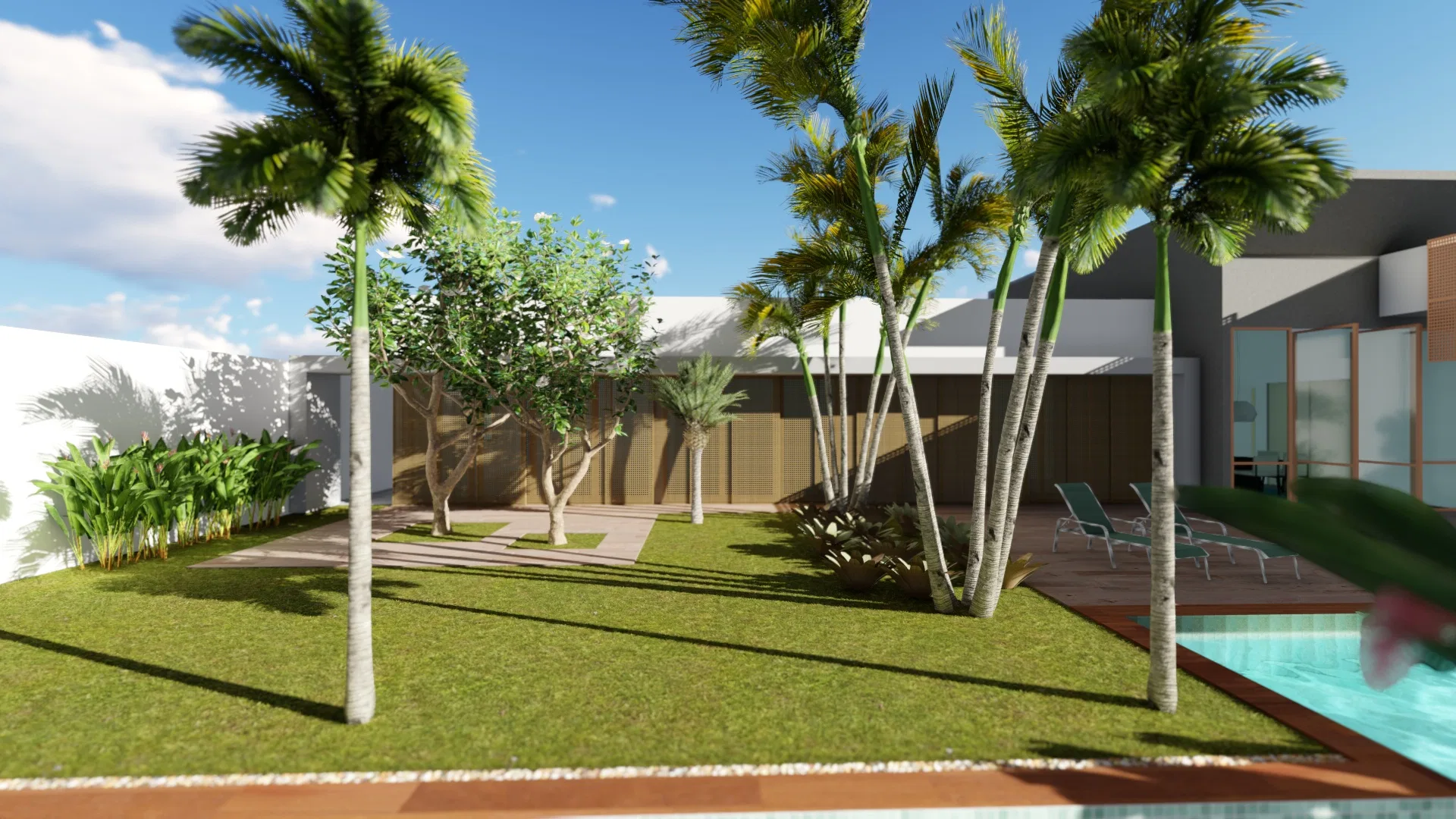 Wide lawn with imperial palms and a shade tree, a stone path leading to the pool edge