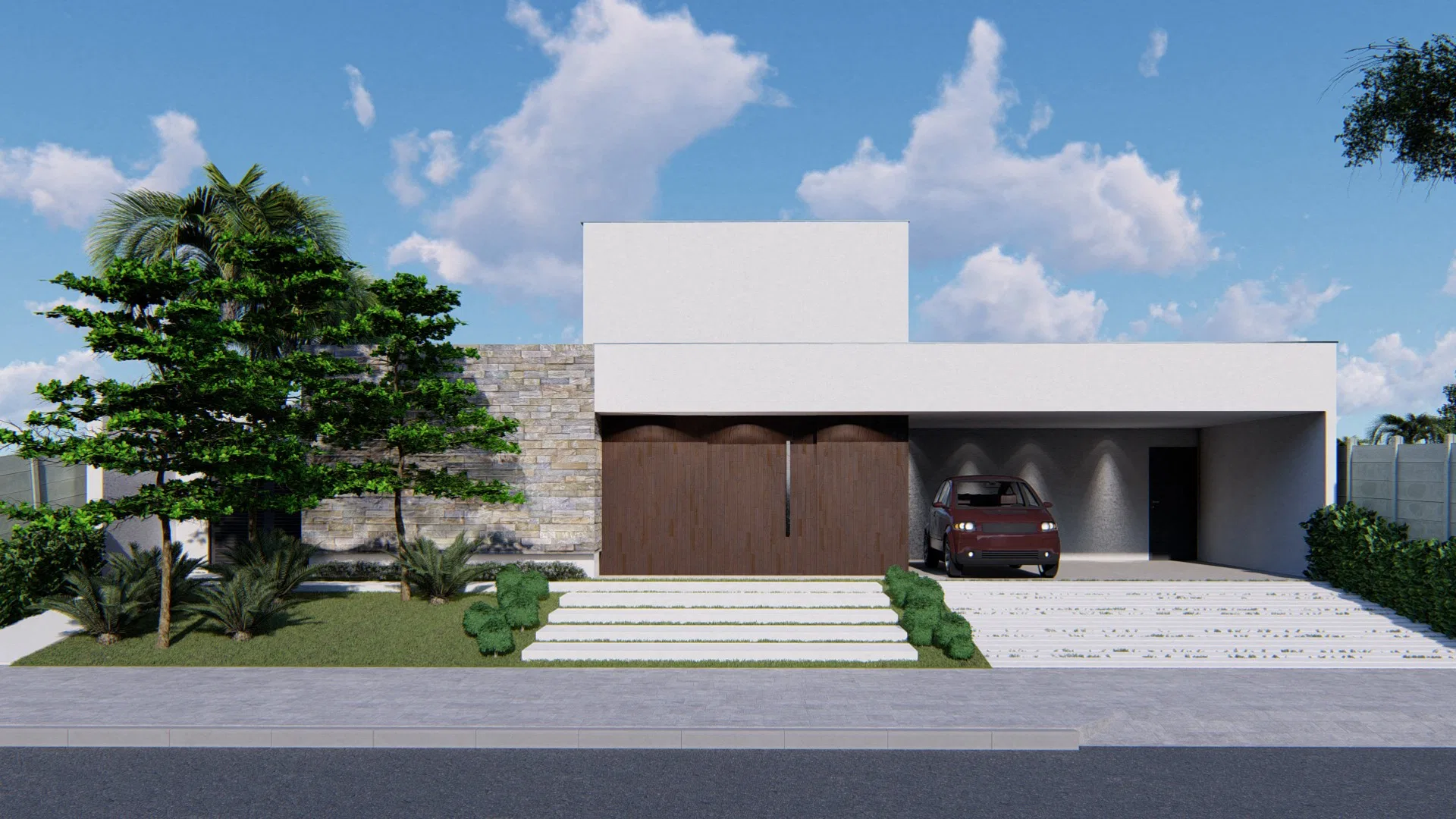 Single-storey contemporary façade with a stacked-stone panel, wood pivot doors and a covered carport holding a maroon car, over a paved and grassed approach